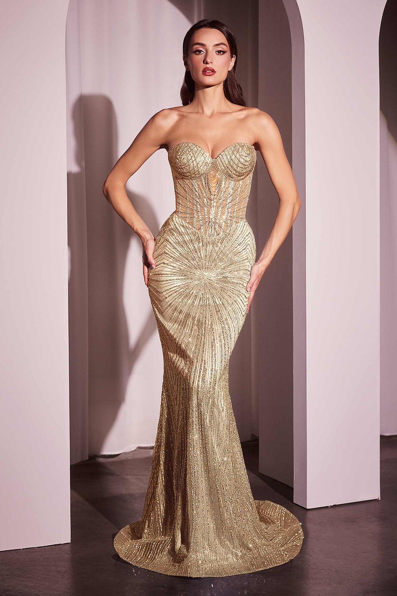 Ladivine J871 Long Sultry Fitted Strapless Embellished Prom Gown