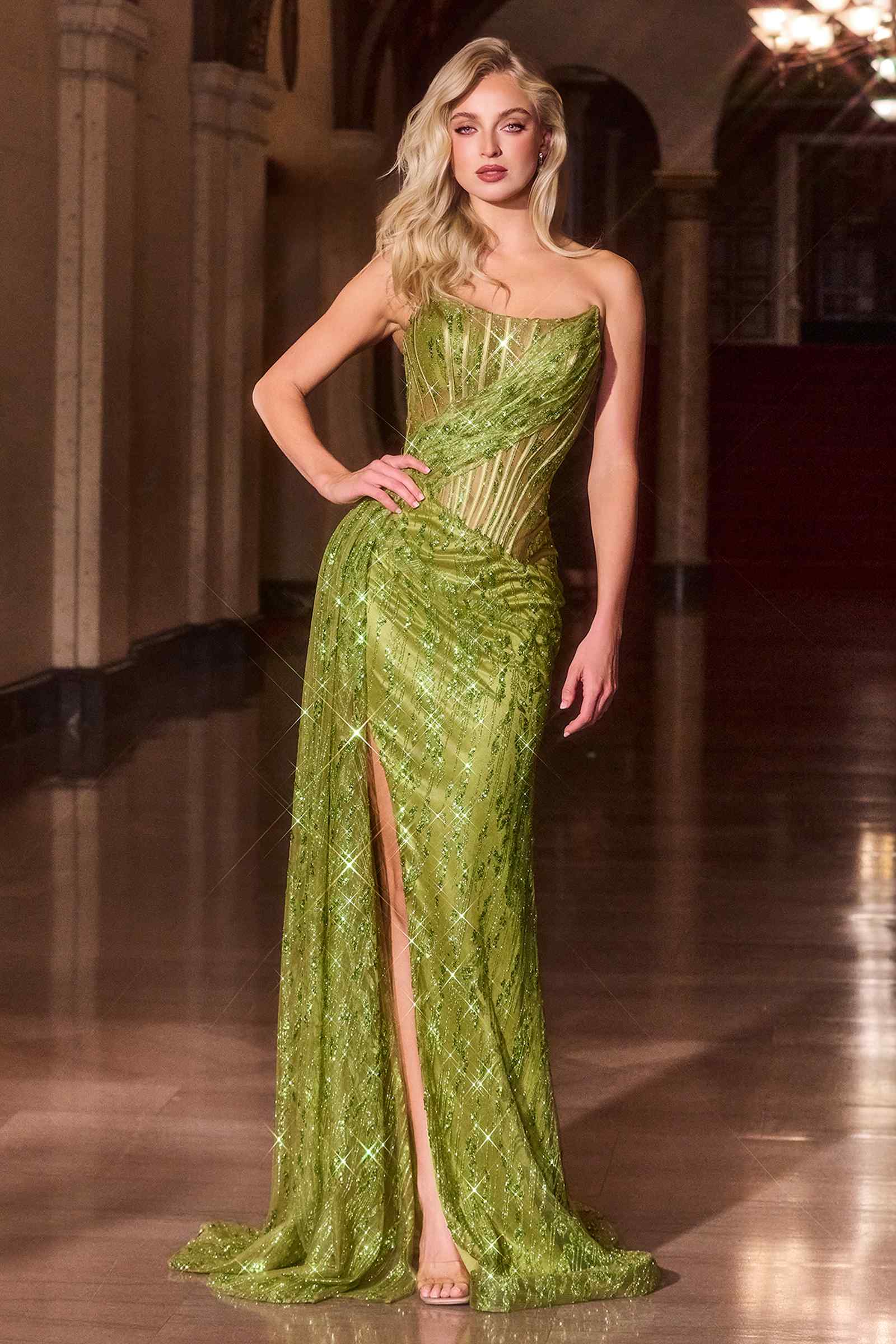 Ladivine J872 Long Strapless Glitter Embellished Leg Slit Evening Gown