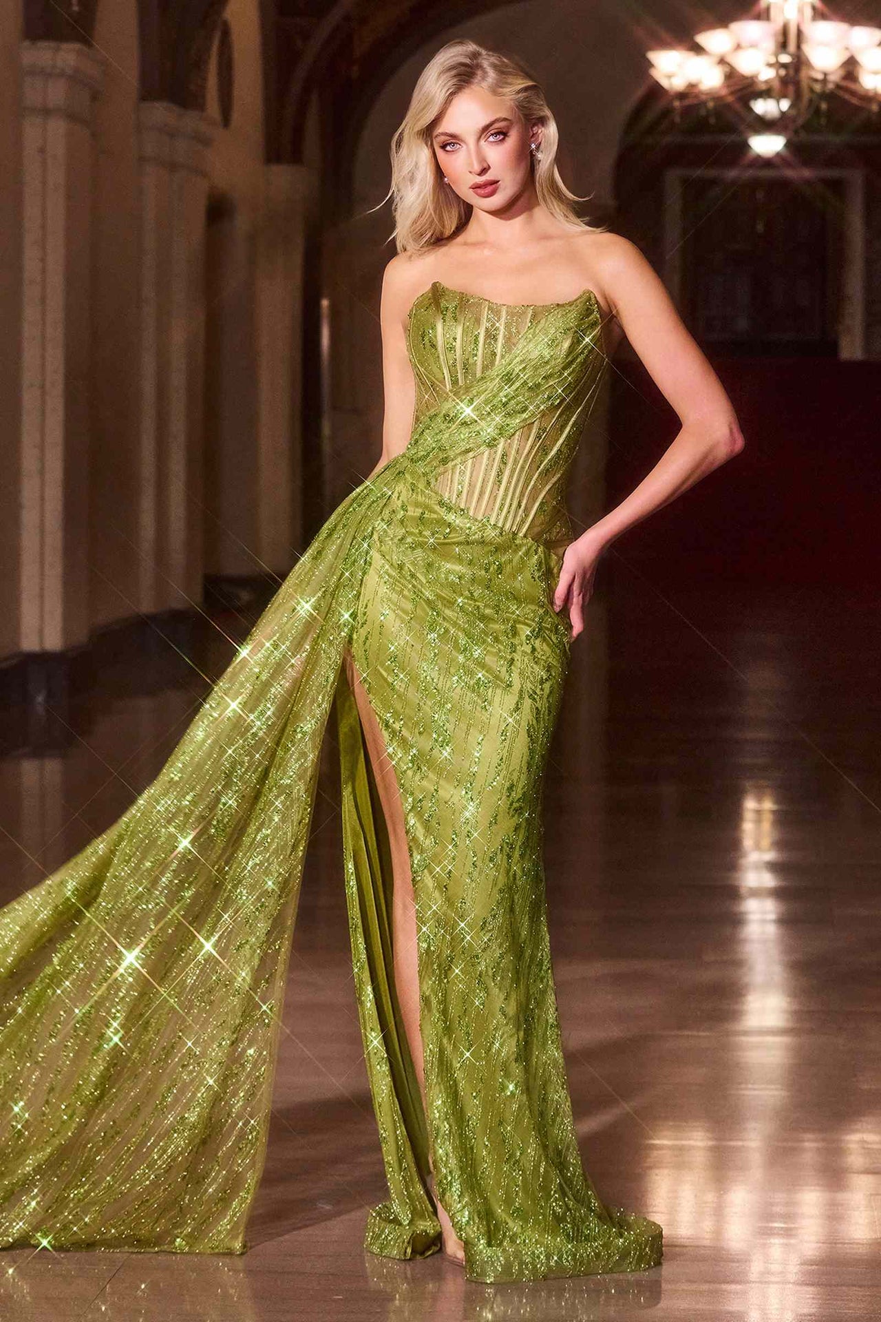Ladivine J872 Long Strapless Glitter Embellished Leg Slit Evening Gown
