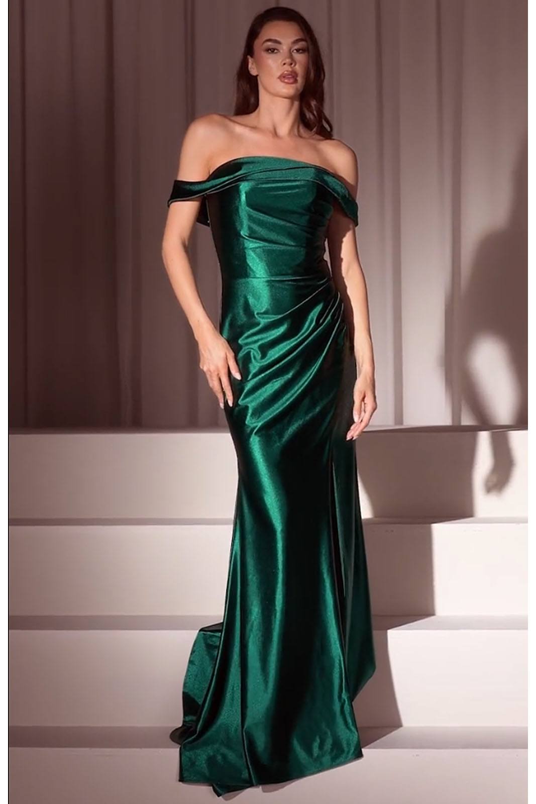 Ladivine J877 Dress Glistening Satin Off the Shoulder Gown