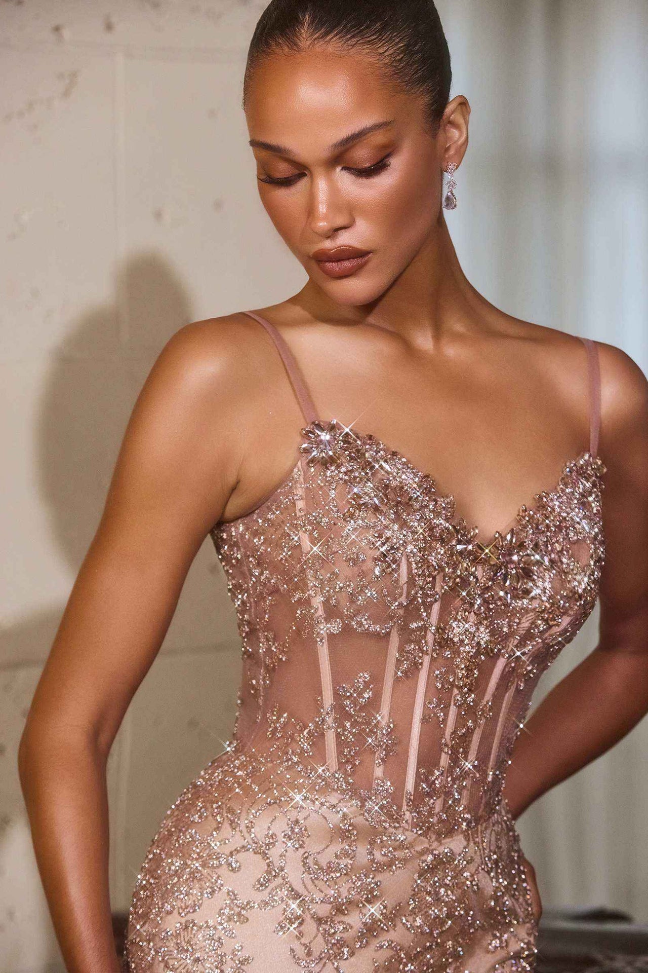 CLEARANCE - Ladivine J889 Hand Placed Applique Shimmering Sequin Fitted Gown (Size 10, 14)