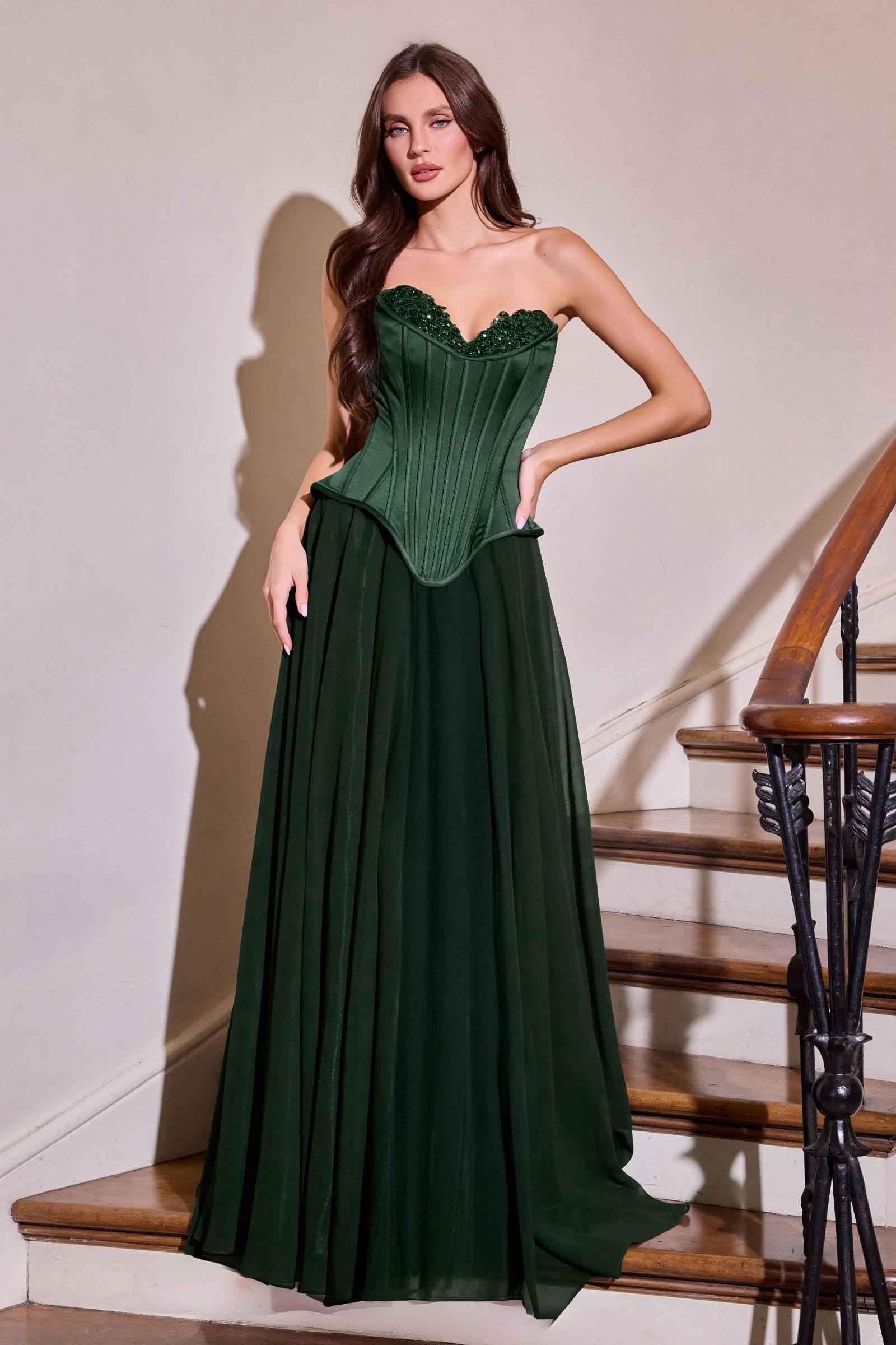 Ladivine J891 Fitted Corset Bodice Flowy Chiffon Skirt Formal Gown