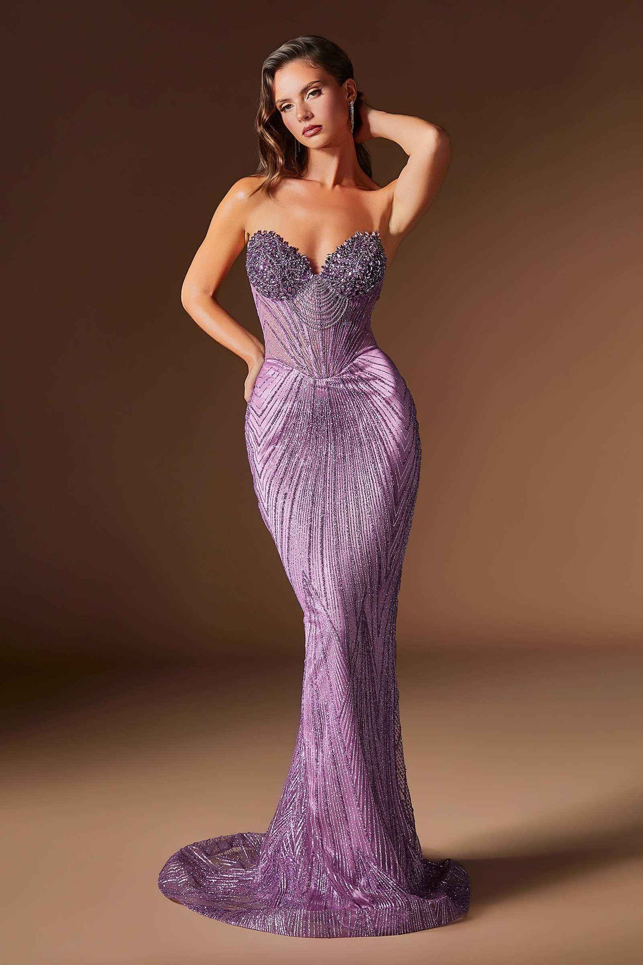 Ladivine J903 Lavish Crystal Encrusted Sheer Corset Bodice Fitted Gown