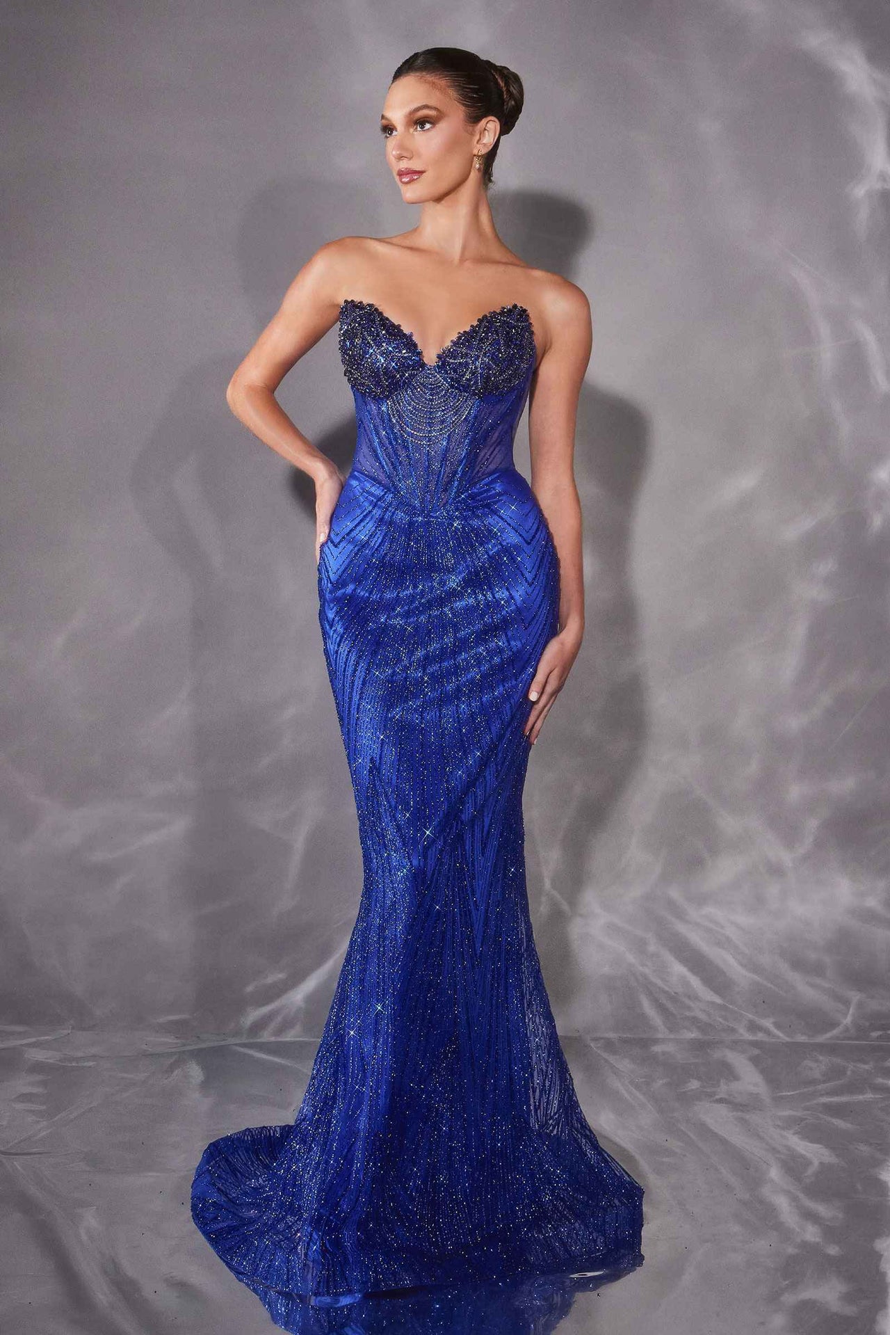 CLEARANCE - Ladivine J903 Crystal Sheer Corset Bodice Fitted Gold Gown (Size 6)
