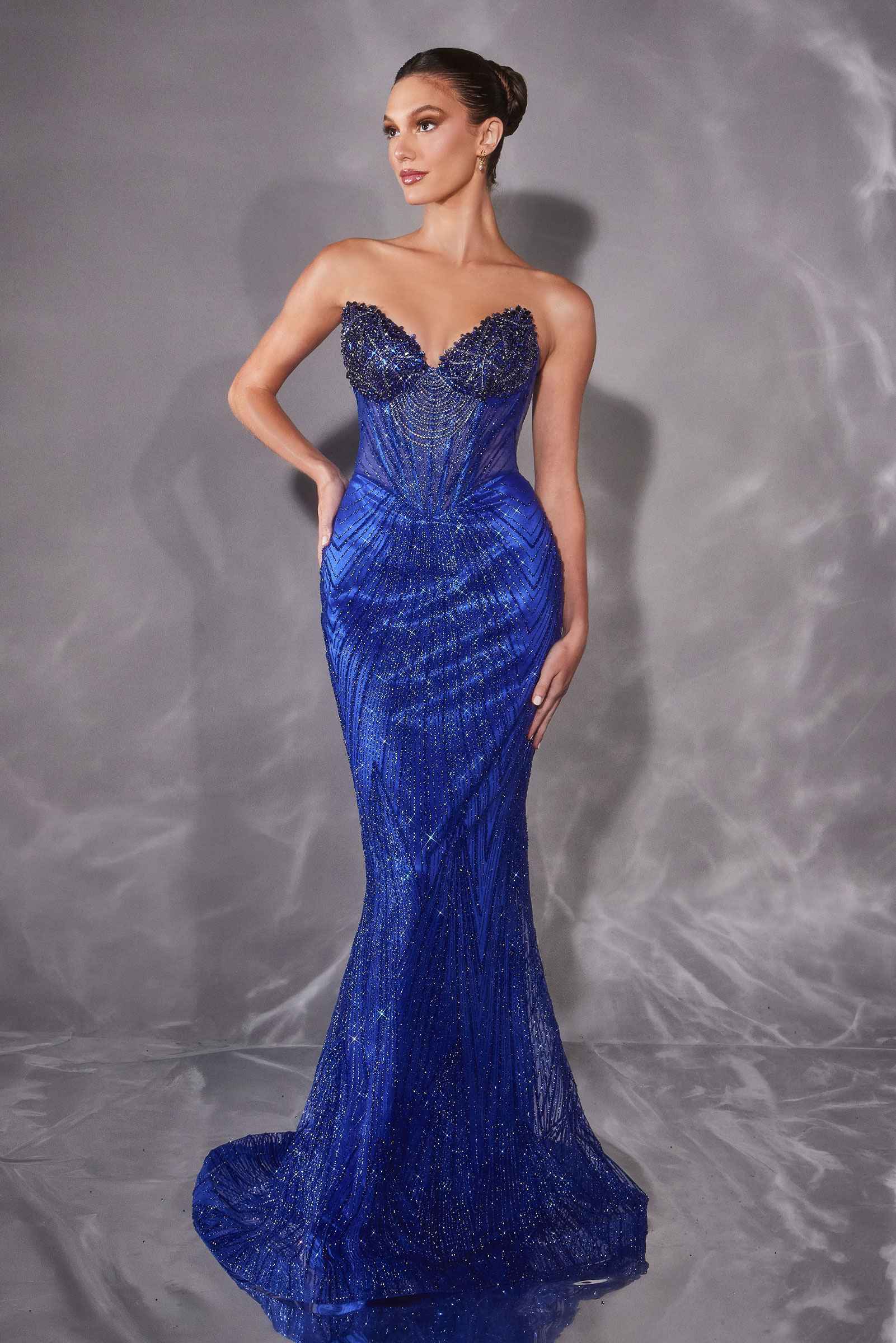 CLEARANCE - Ladivine J903 Crystal Sheer Corset Bodice Fitted Gold Gown (Size 6)