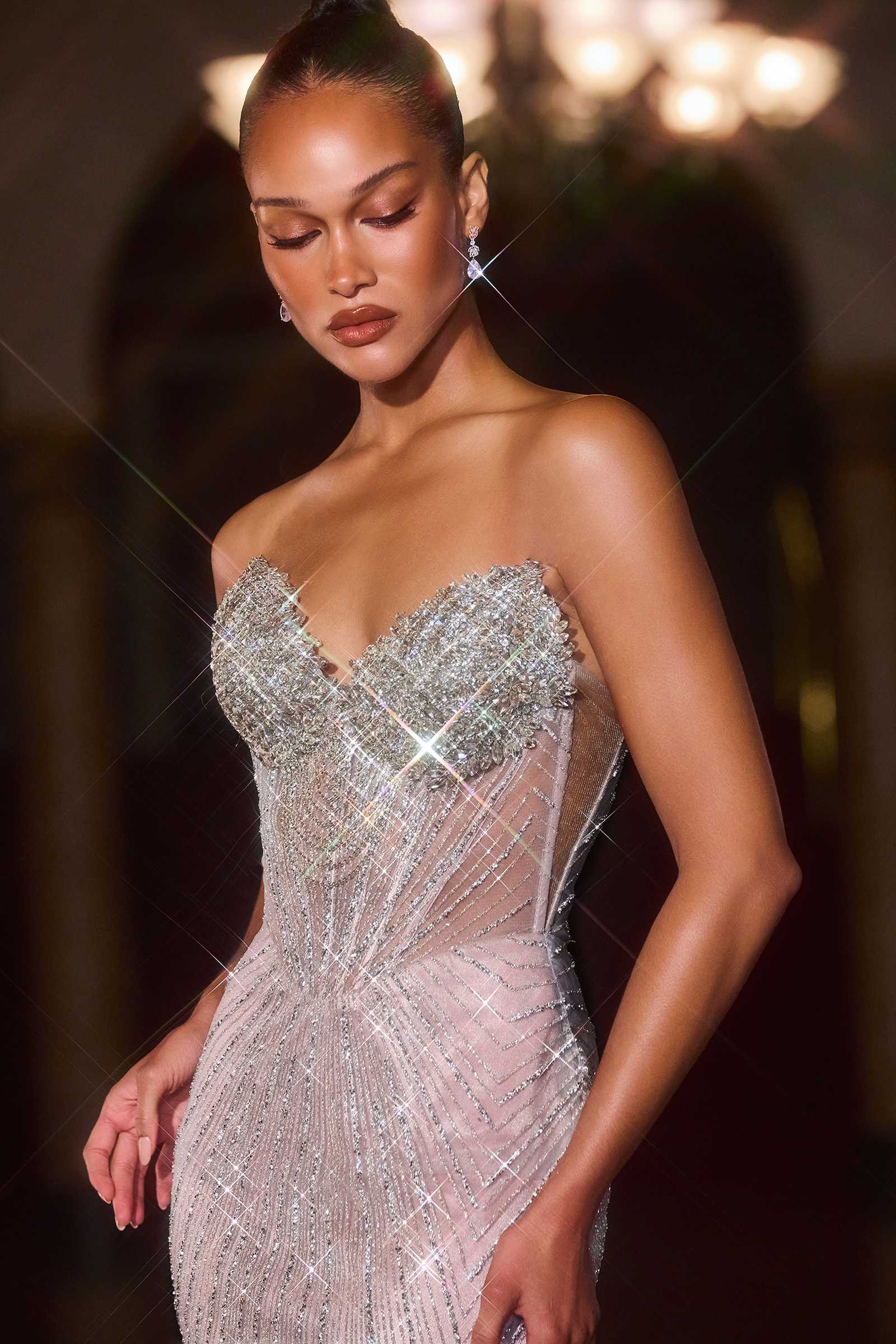 CLEARANCE - Ladivine J903 Crystal Sheer Corset Bodice Fitted Gold Gown (Size 6)