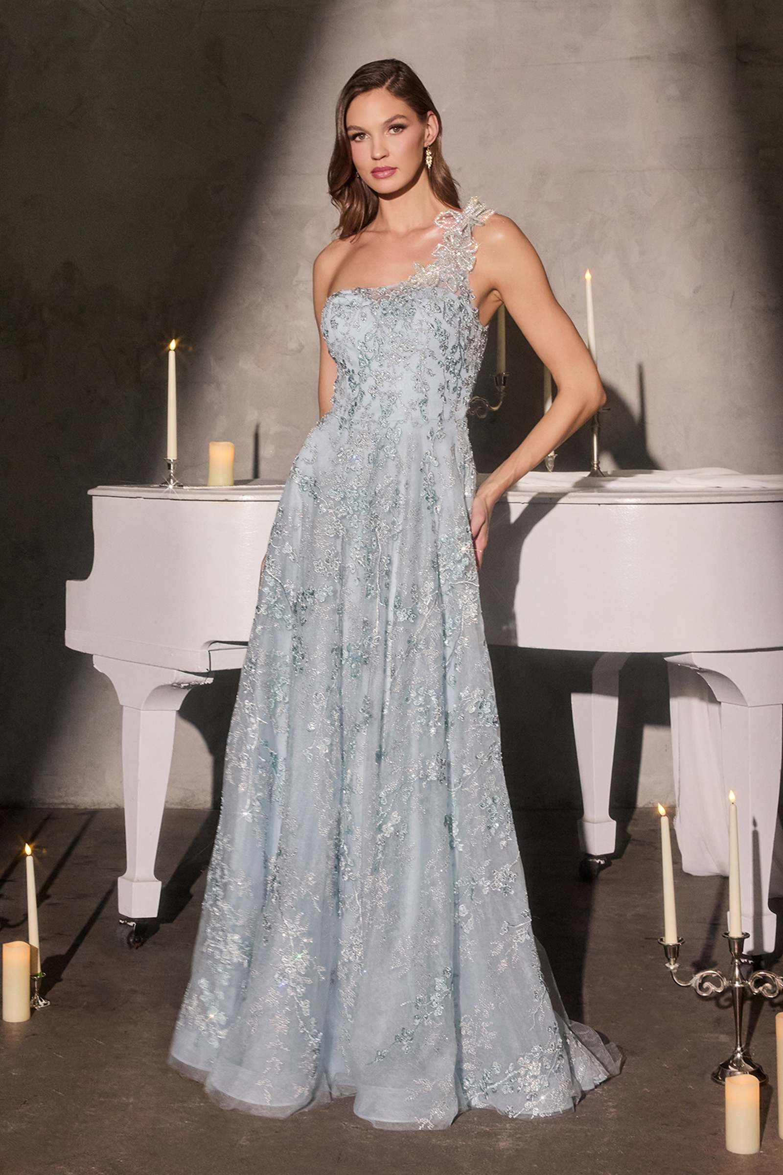 Ladivine J909 One Shoulder 3D Floral Applique Full Lace Beaded A-Line Gown