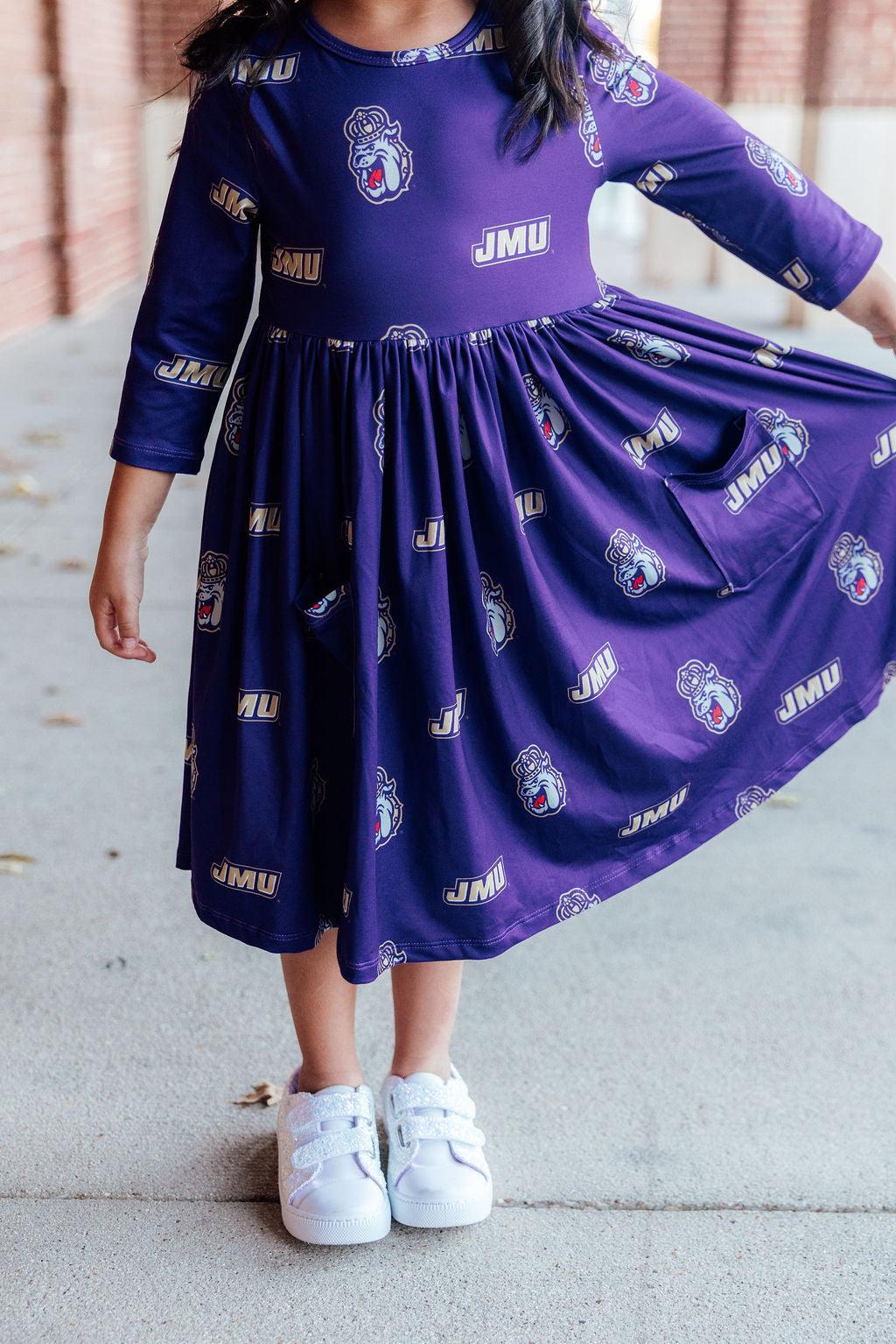 JMU Purple Duke Dog 3/4 Sleeve Pocket Twirl Dress
