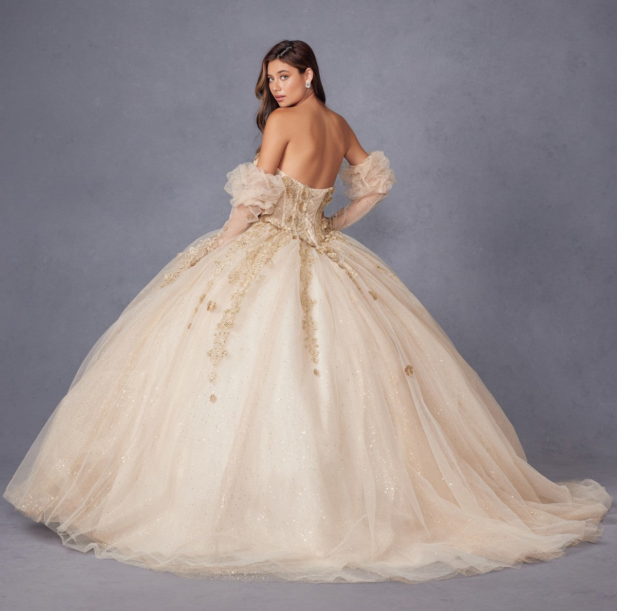 Juliet JT1465H Dress 3d Flowers Applique Puff Sleeve Quinceanera Dress