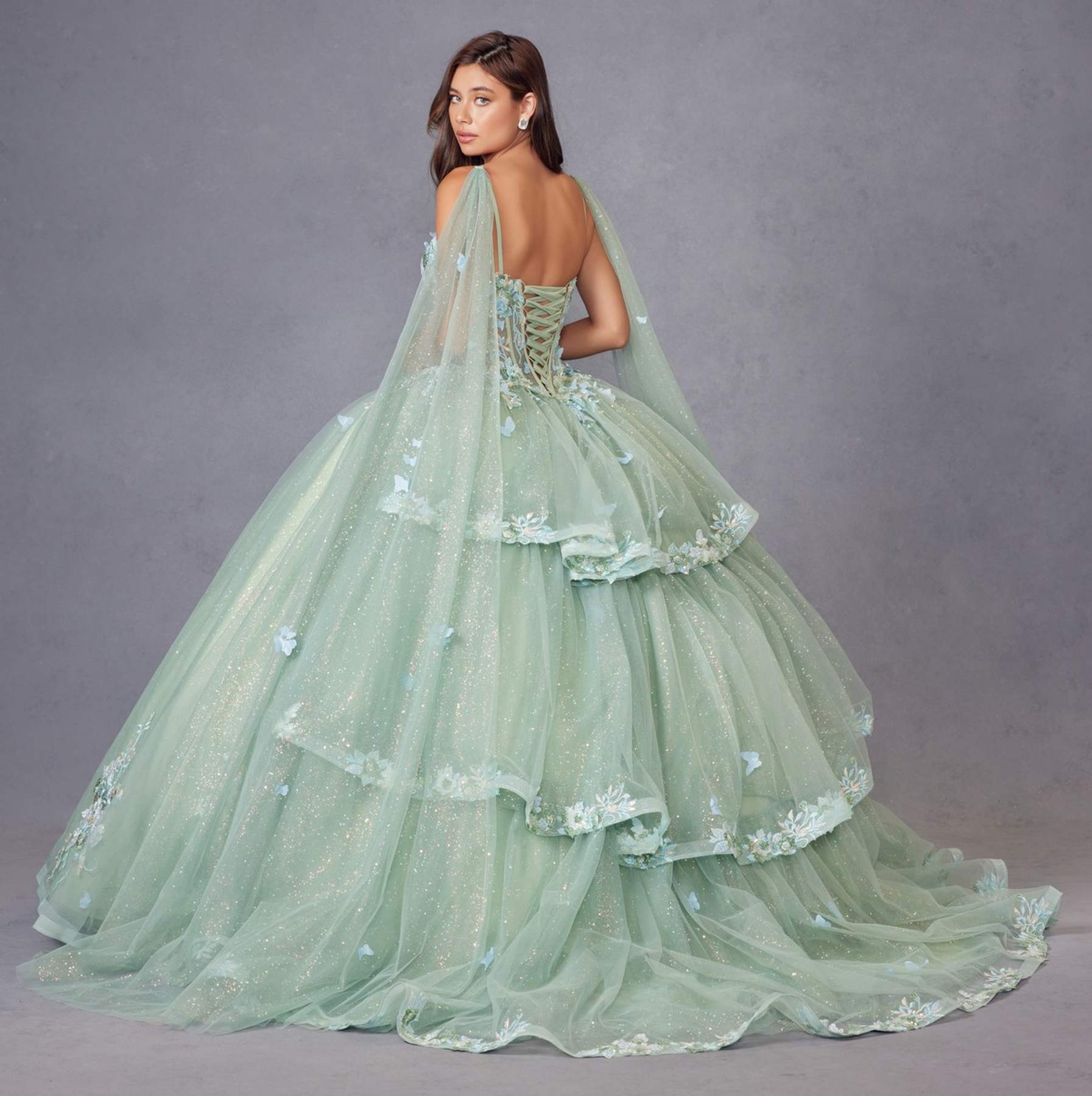 Juliet JT1466H Dress 3D Multi Floral Applique Cape Sleeve Quinceanera Gown