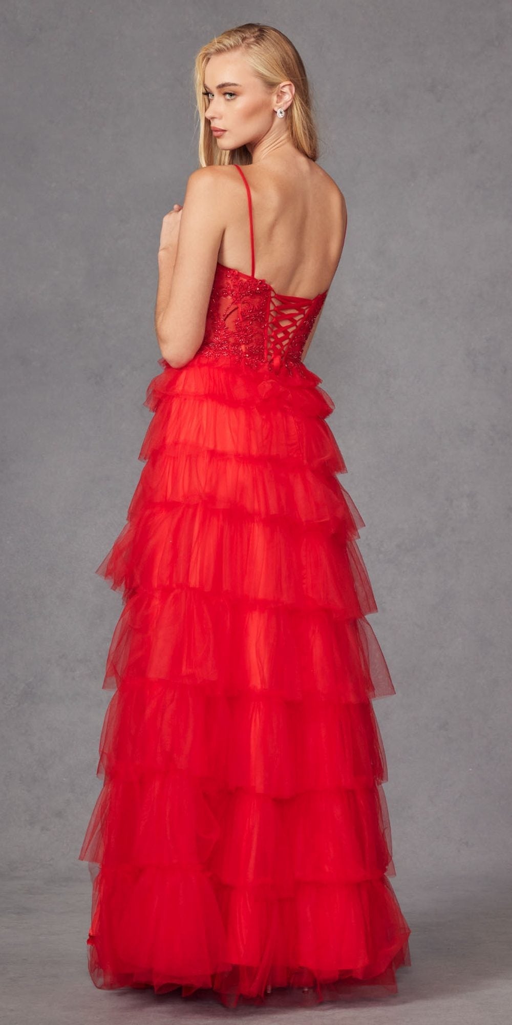 Juliet JT2451S Long Lace Bodice Sleeveless A-line Ruffled Gown