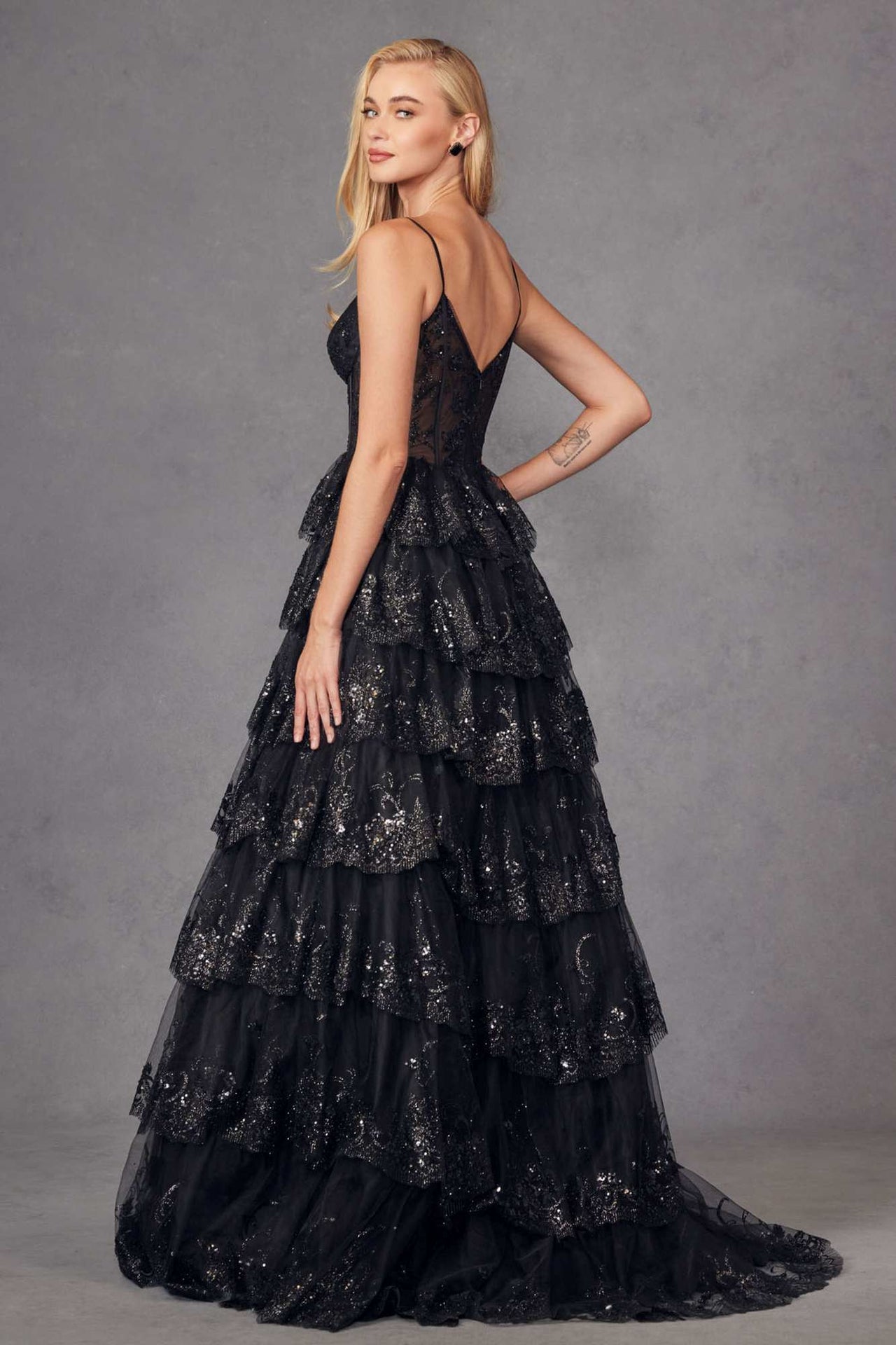 Juliet JT2454K Long Boned Bodice Tiered Layered Sequin Detail A-Line Gown