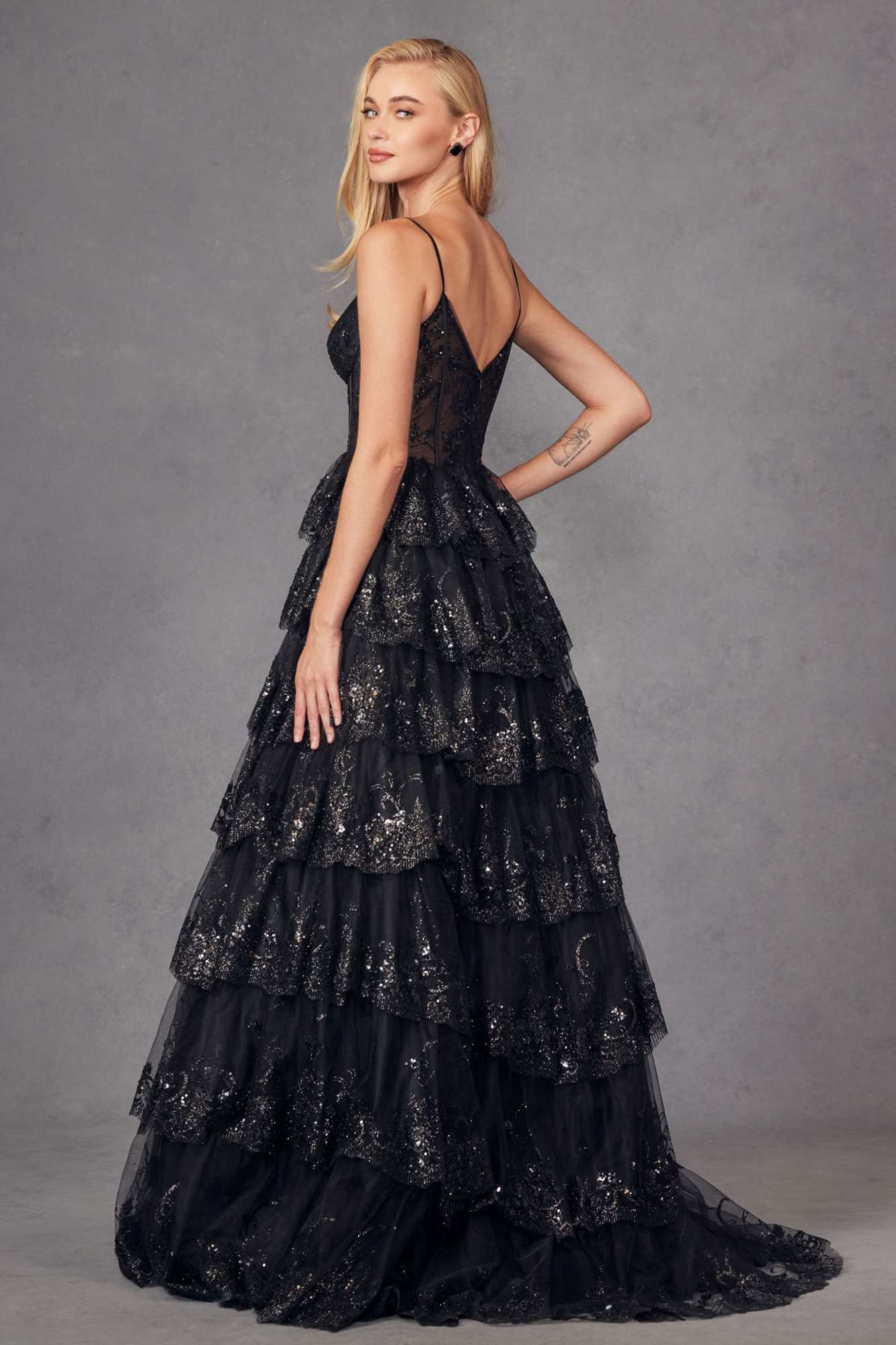 Juliet JT2454K Long Boned Bodice Tiered Layered Sequin Detail A-Line Gown