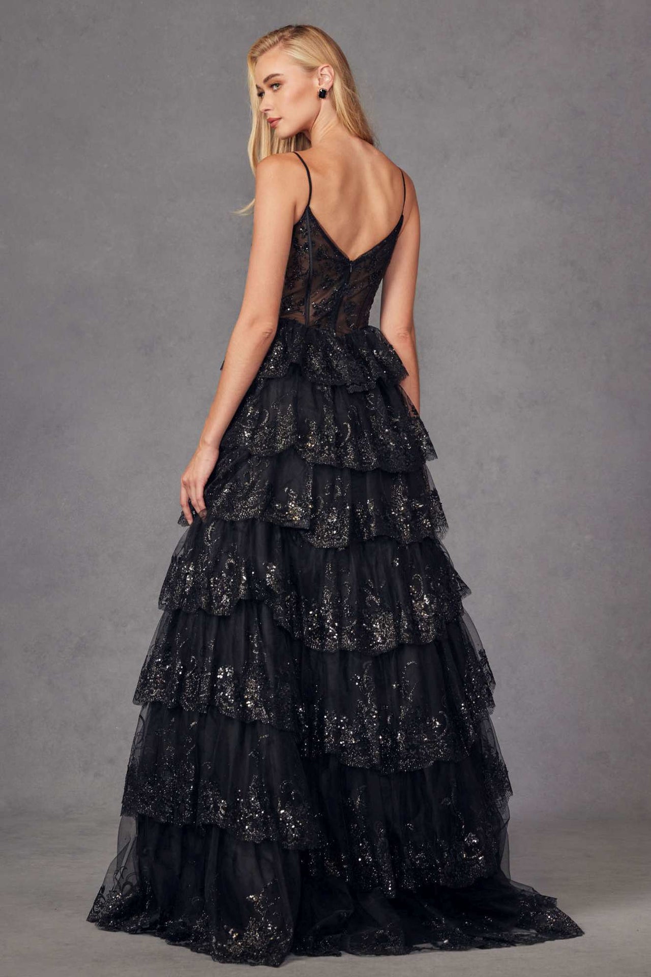 Juliet JT2454K Long Boned Bodice Tiered Layered Sequin Detail A-Line Gown