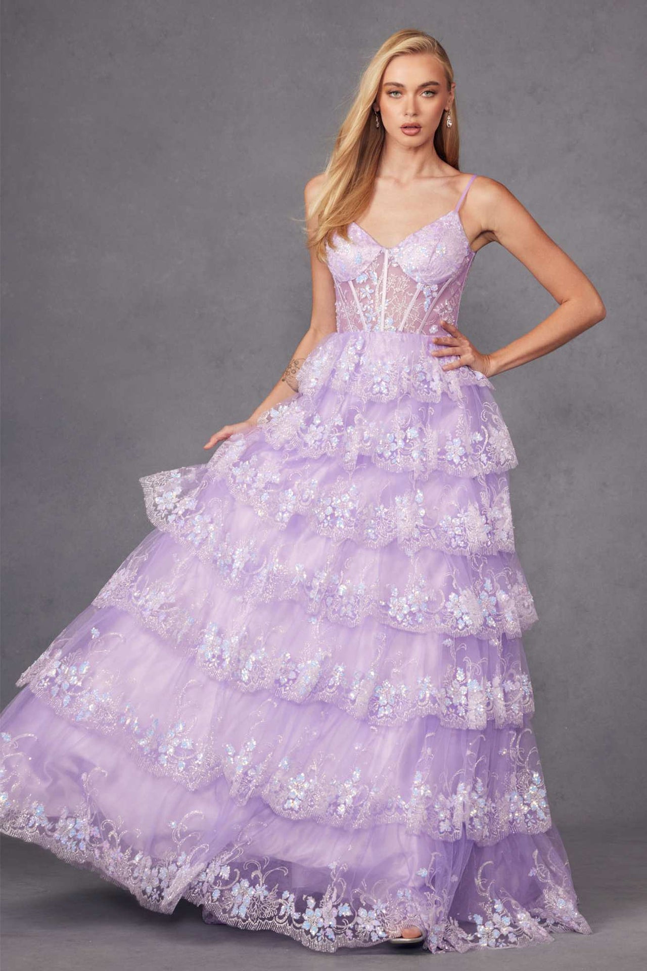 Juliet JT2454K Long Boned Bodice Tiered Layered Sequin Detail A-Line Gown