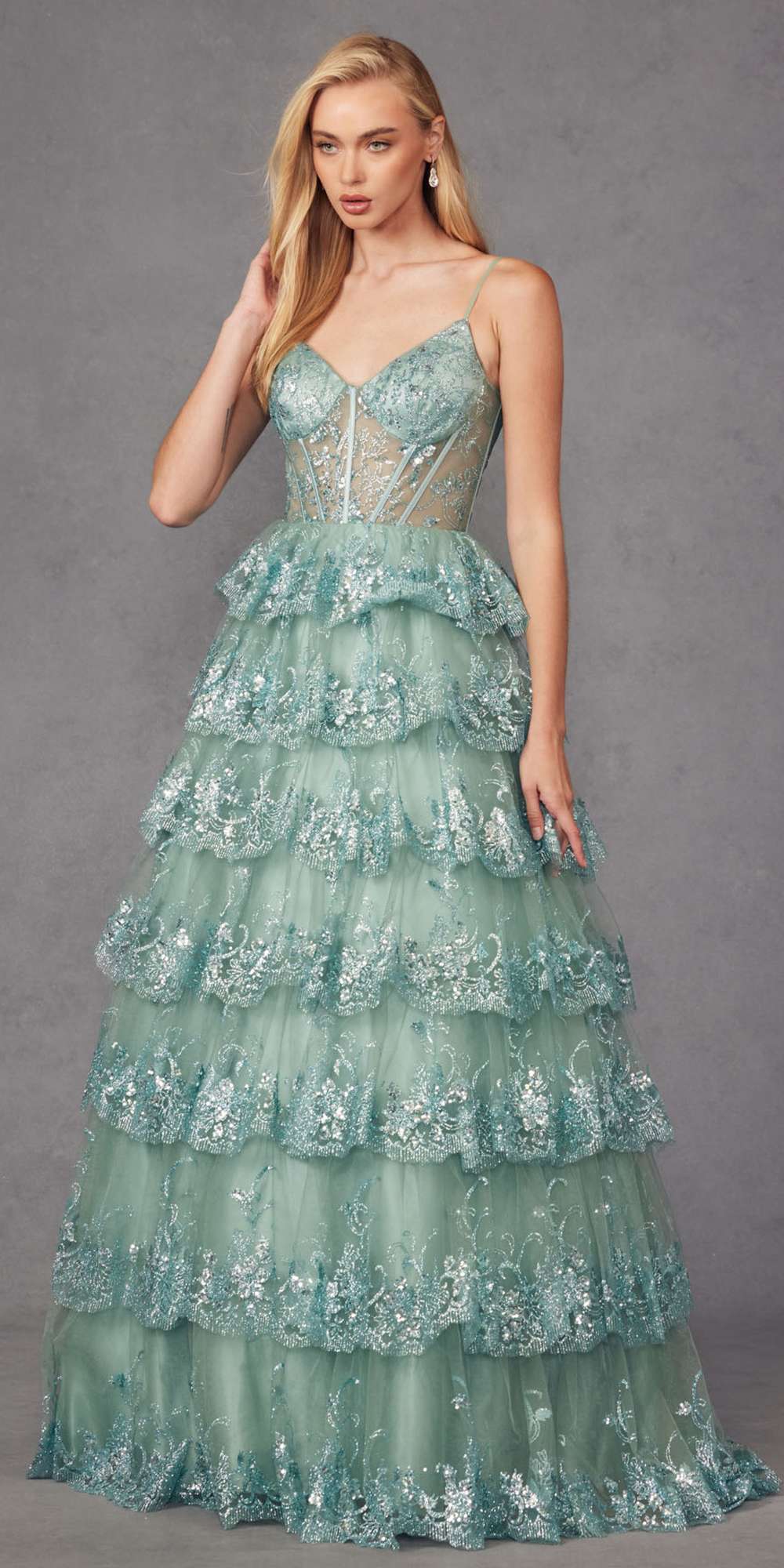 Juliet JT2454K Long Boned Bodice Tiered Layered Sequin Detail A-Line Gown