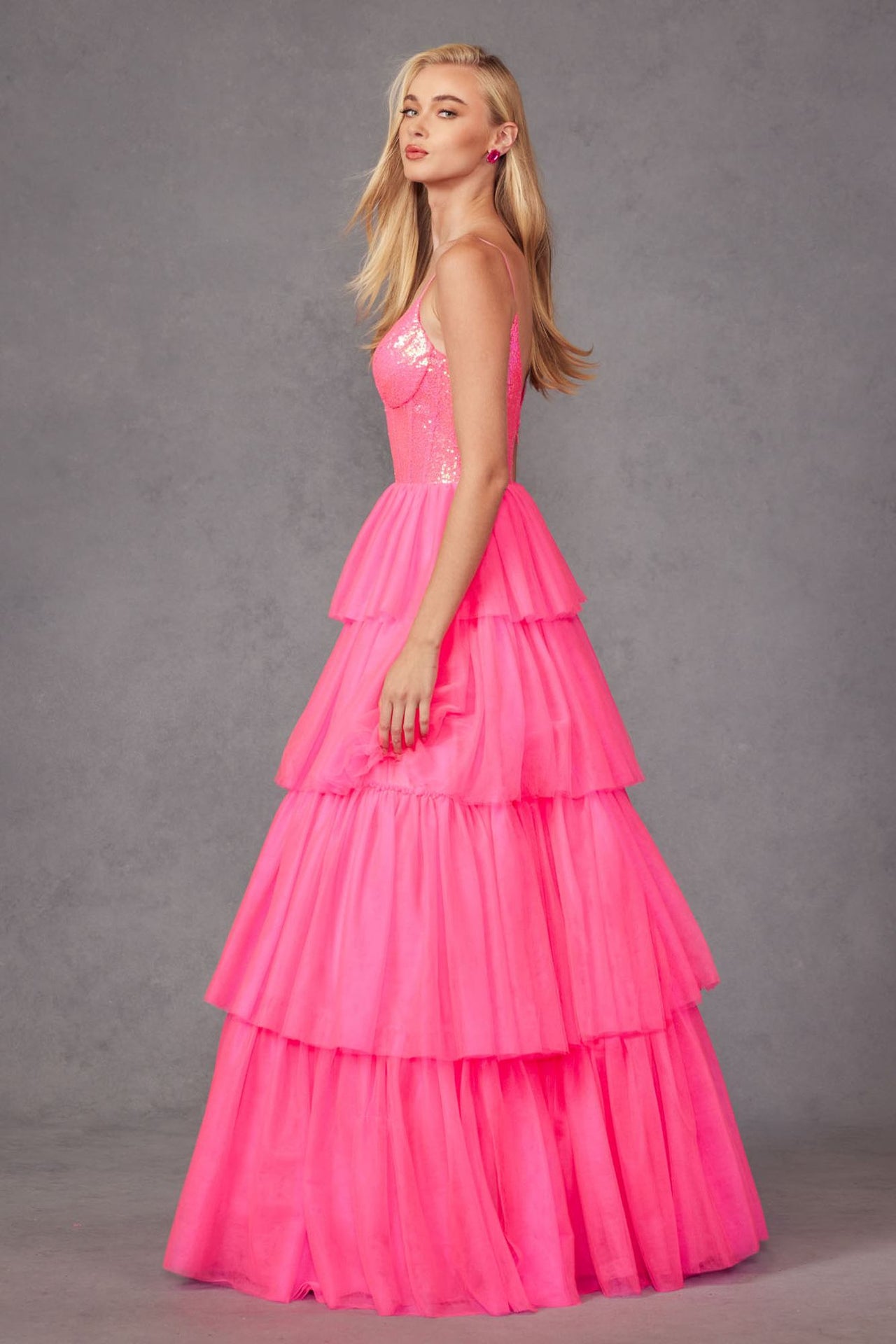 Juliet JT2457H Long Tiered Ruffled Tulle A-Line Sequin Bodice Dress