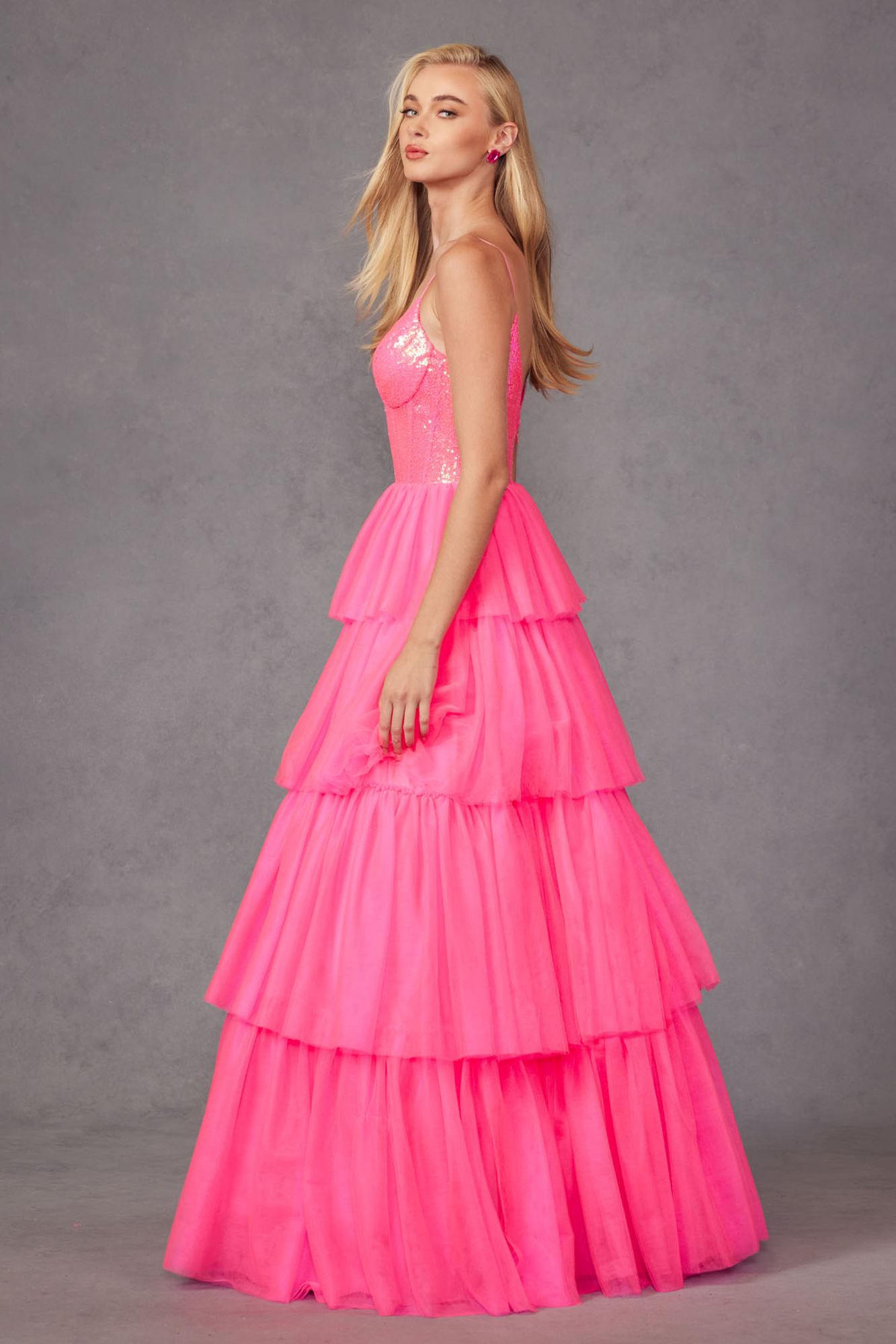 Juliet JT2457H Long Tiered Ruffled Tulle A-Line Sequin Bodice Dress