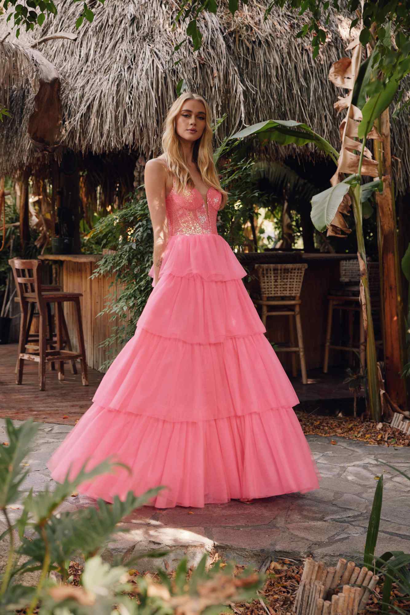 Juliet JT2457H Long Tiered Ruffled Tulle A-Line Sequin Bodice Dress