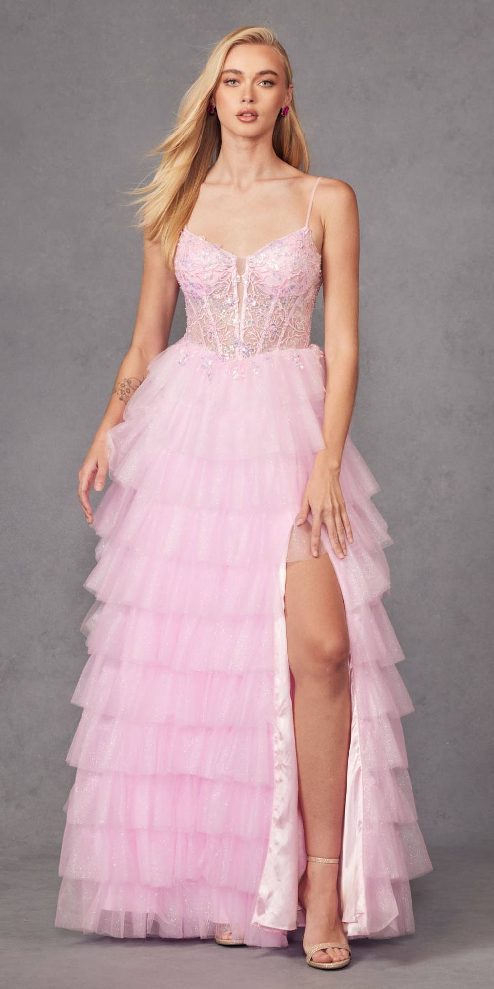 Juliet JT2458A Long Ruffle Tulle A-Line Ball Gown Bustier Bodice Thin Straps