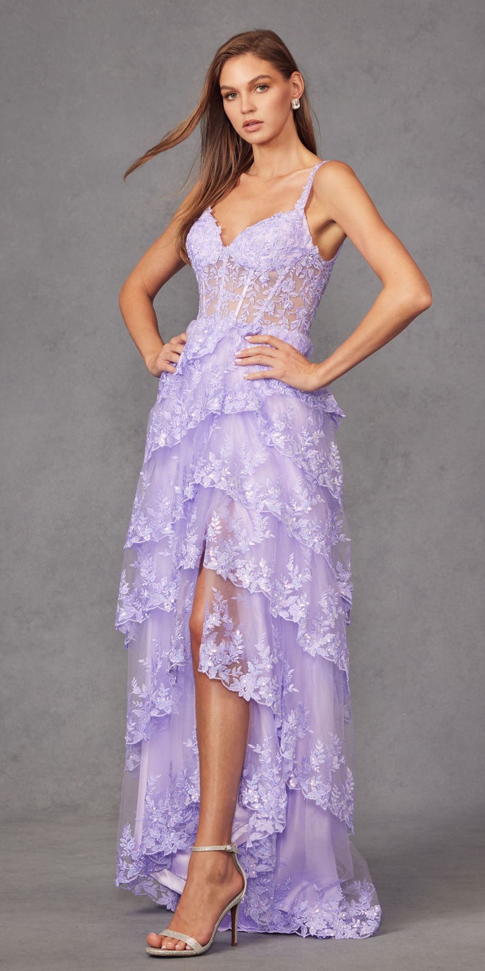 Juliet JT2463A Long Tiered Ruffled Skirt A-Line Boned Bodice Dress