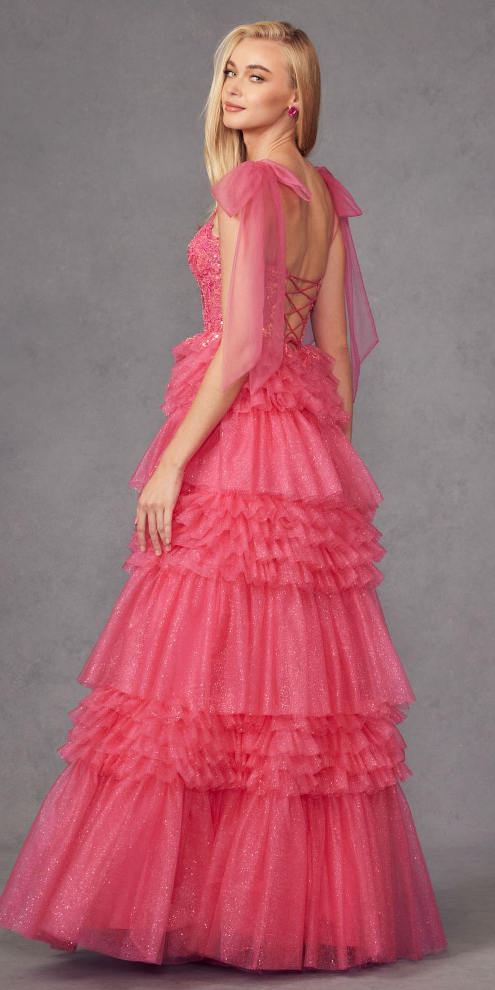 Juliet JT2465A Long Glitter Tulle A-Line Leg Slit Ribbon Bow Strap Gown