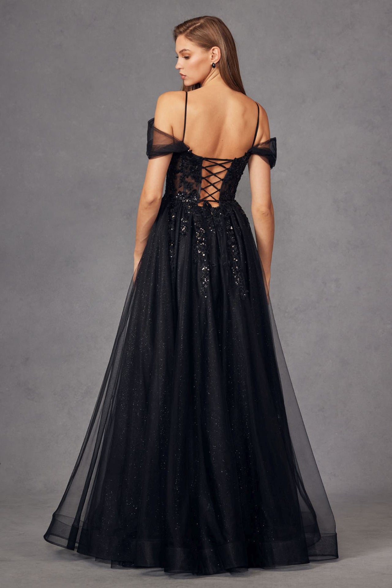 Juliet JT2466A Long Cold Shoulder Sweetheart Corset Bodice A-Line Gown