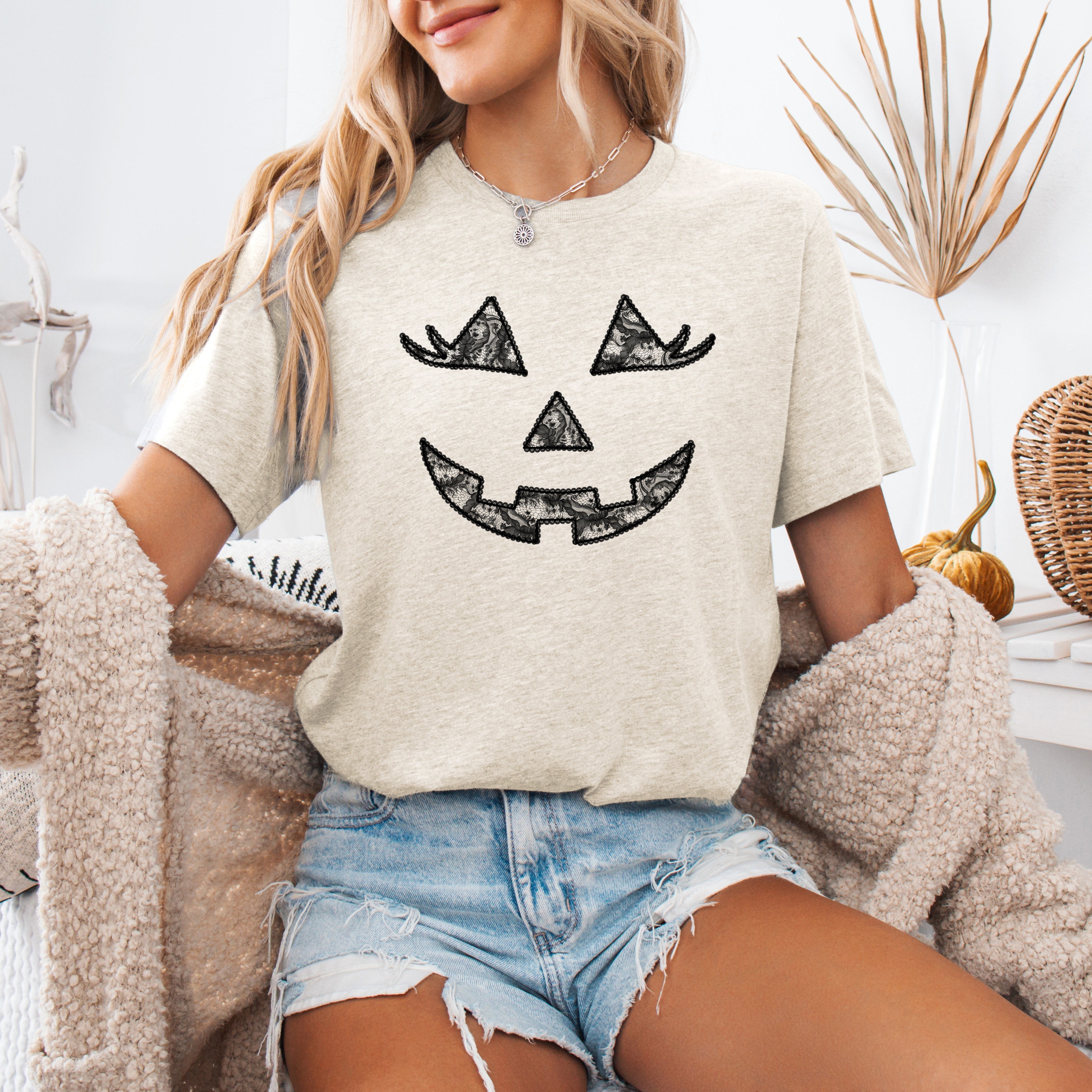 Jack-O-Lantern Coquette Faux Lace Halloween Western Cowgirl Glam Style Graphic Tee