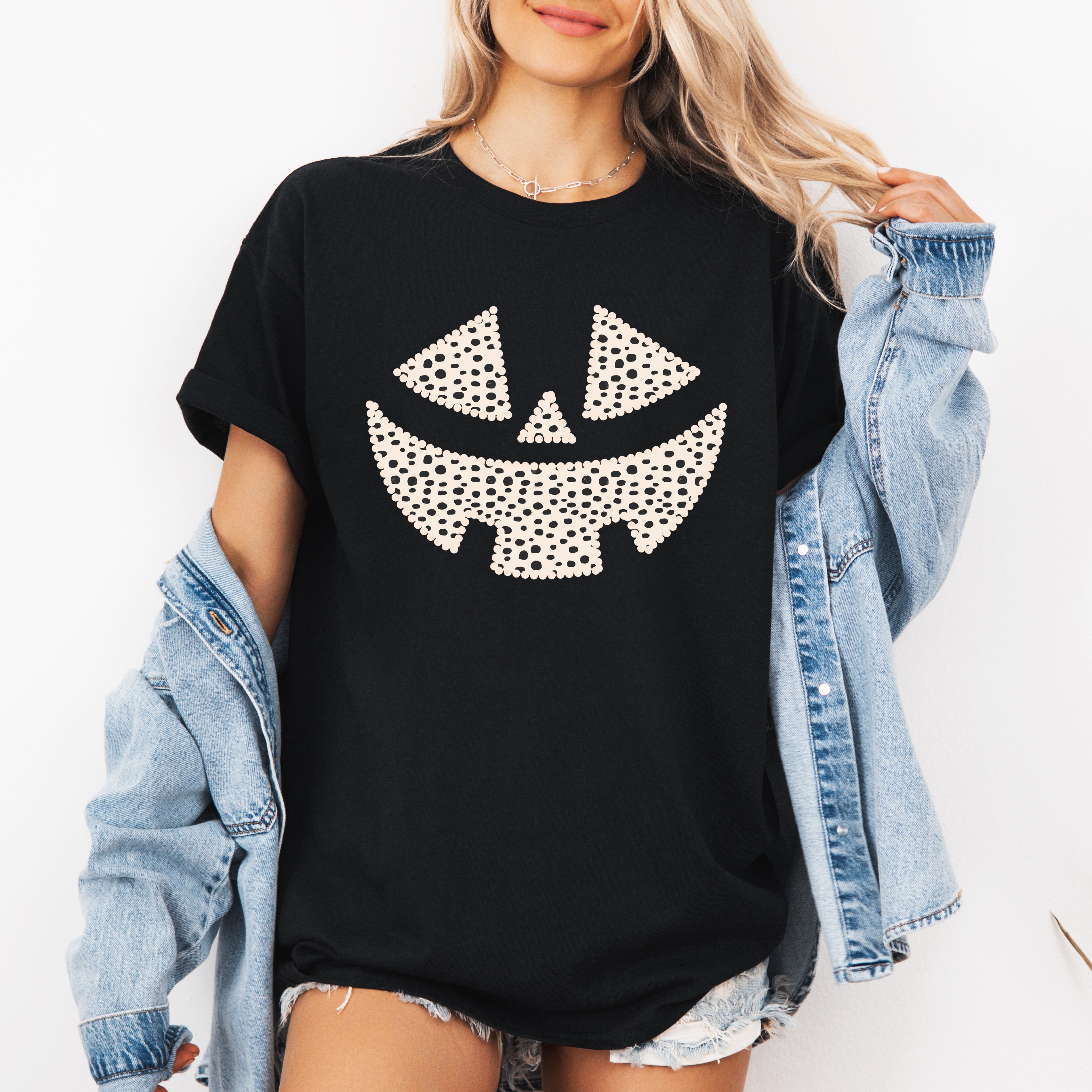 Jack-O-Lantern Dalmatian Print Halloween Parade Pumpkin Spots Playful Spooky Night Scene Graphic Tee