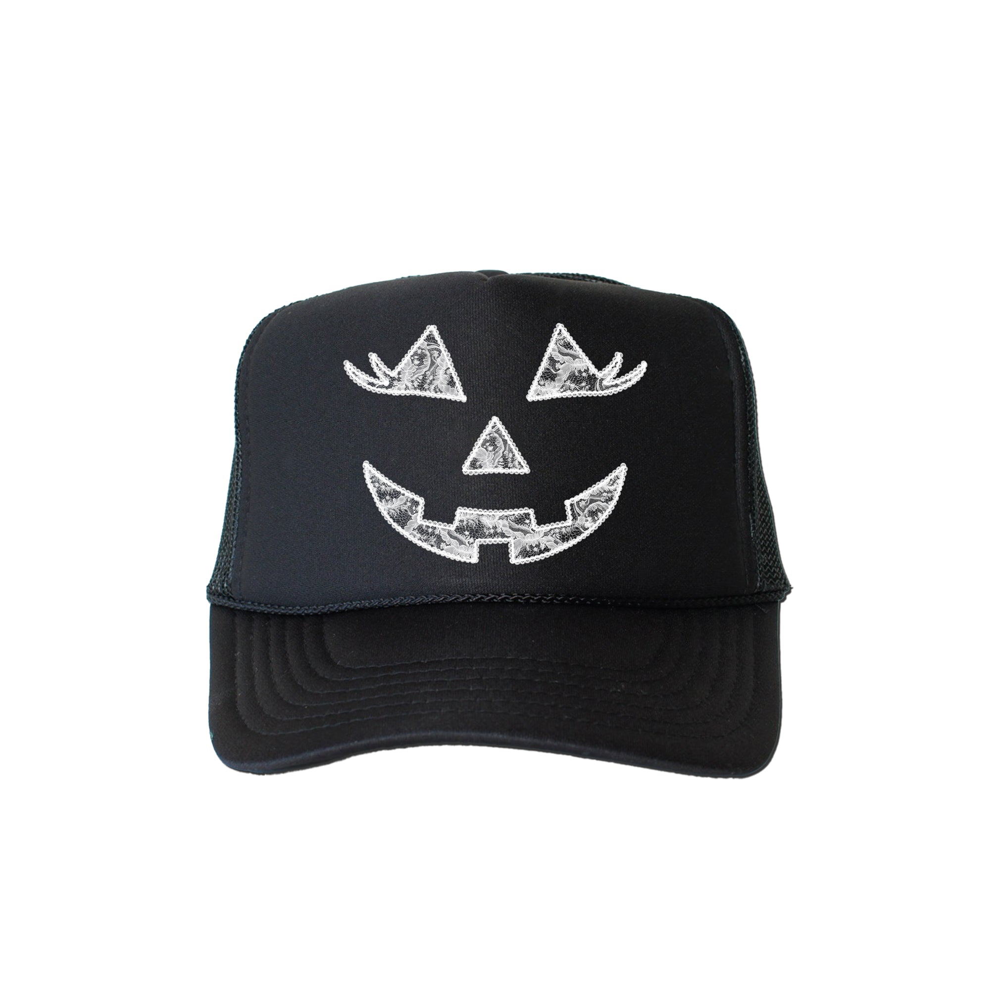 Jack-O-Lantern Faux Lace Halloween Motif With Spooky Silhouette In Vintage Style Trucker Hat
