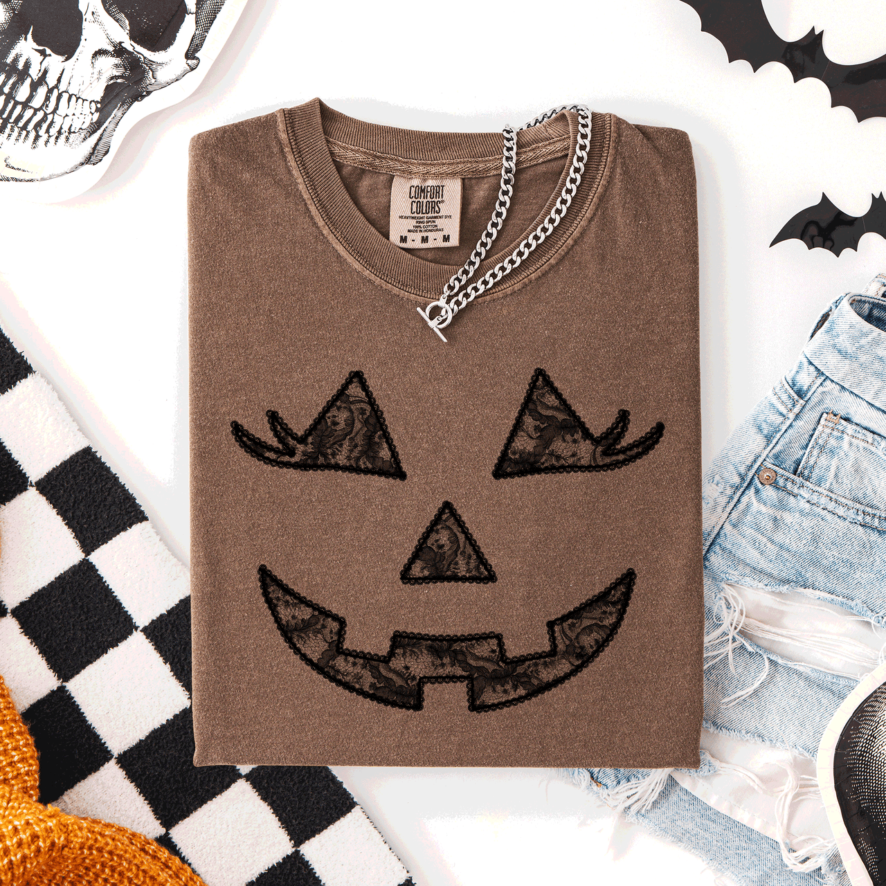 Jack-O-Lantern Coquette Faux Lace Halloween Motif Delicate Detail Print Comfort Colors Tee