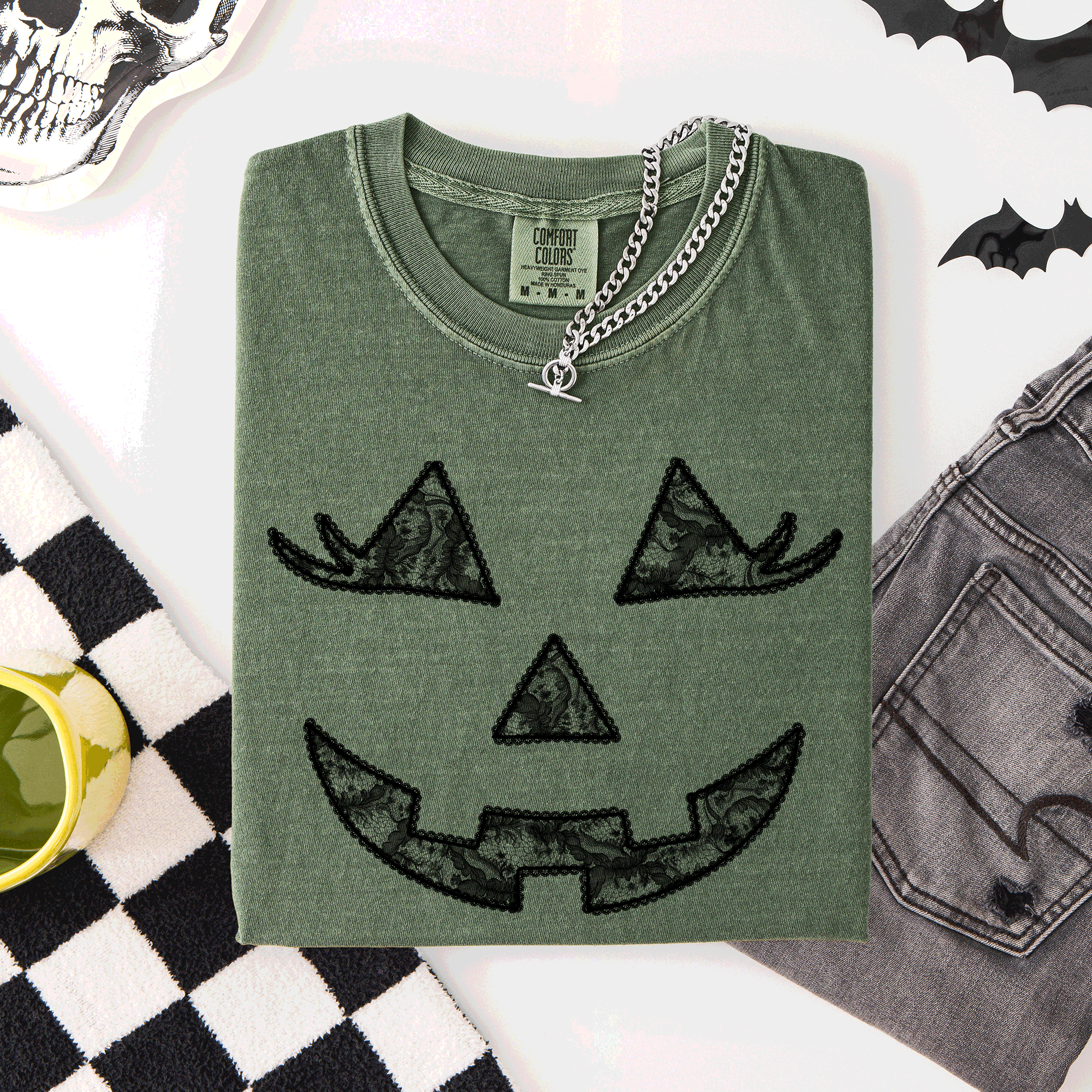 Jack-O-Lantern Coquette Faux Lace Halloween Motif Delicate Detail Print Comfort Colors Tee