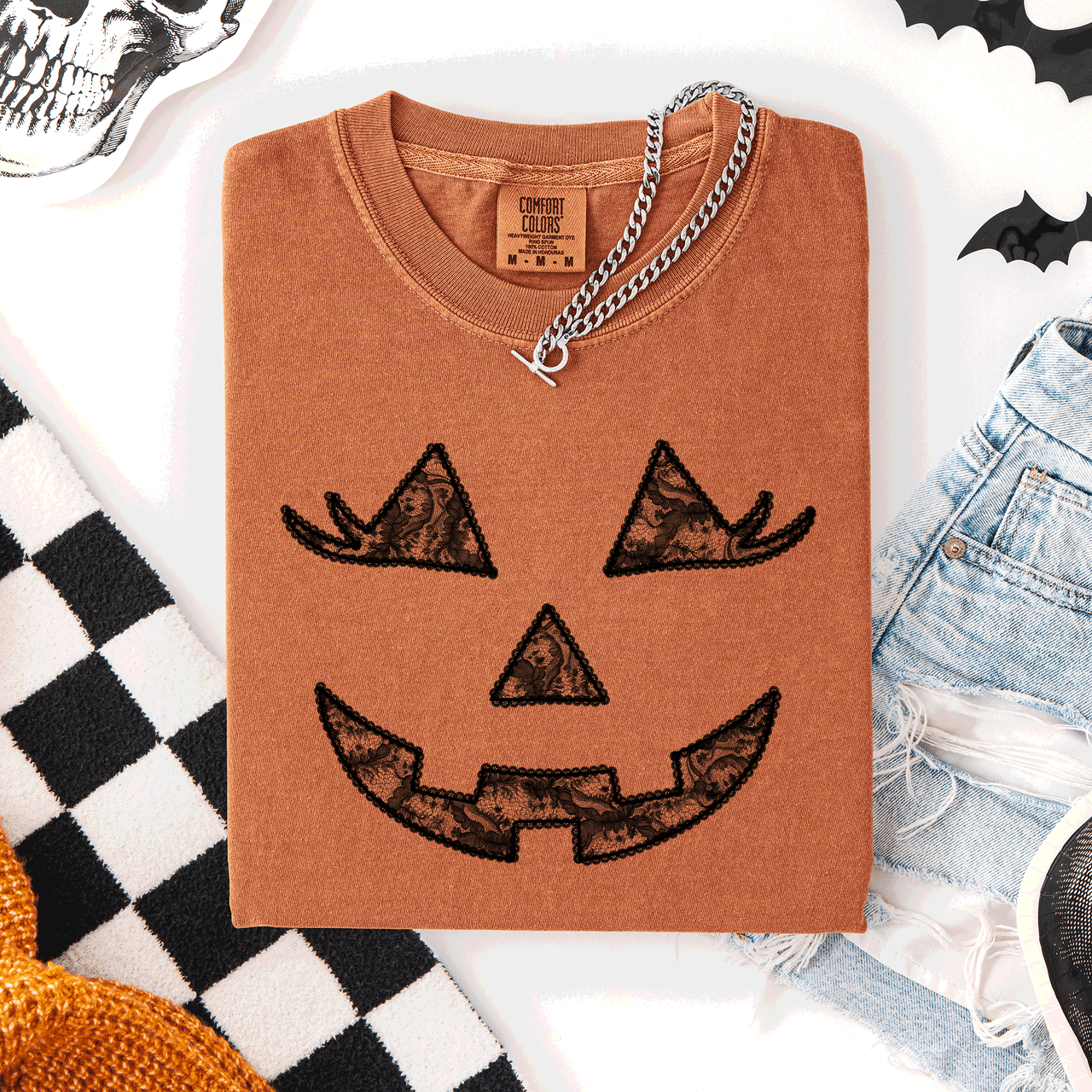 Jack-O-Lantern Coquette Faux Lace Halloween Motif Delicate Detail Print Comfort Colors Tee