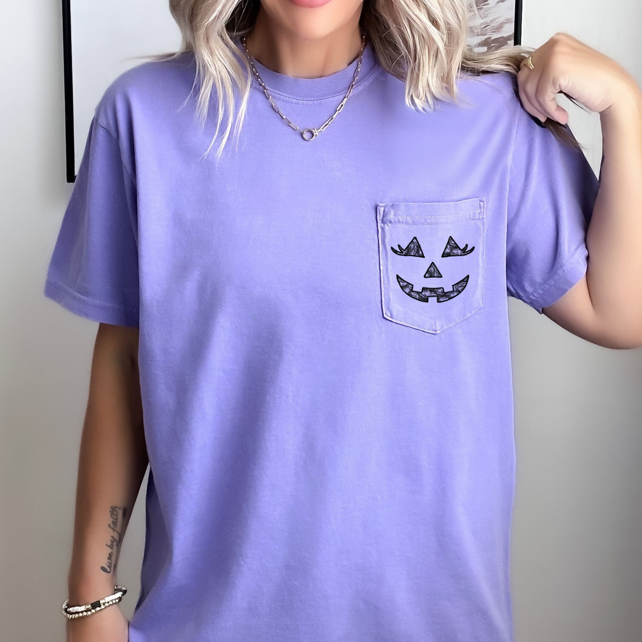 Jack O Lantern Coquette Faux Lace Halloween Pocket Limited Edition Comfort Colors Tee