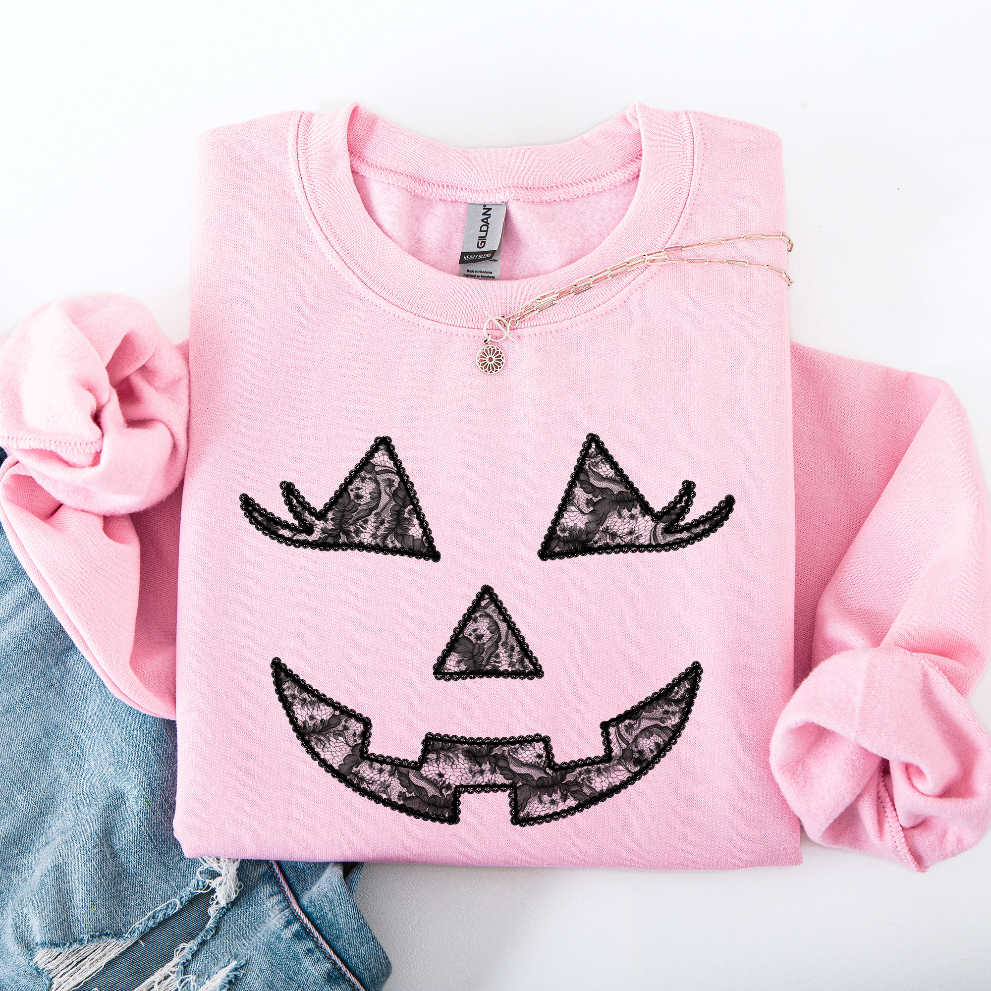 Jack O Lantern Coquette Faux Lace Halloween Vintage Inspired Cozy Embroidered Sweatshirt