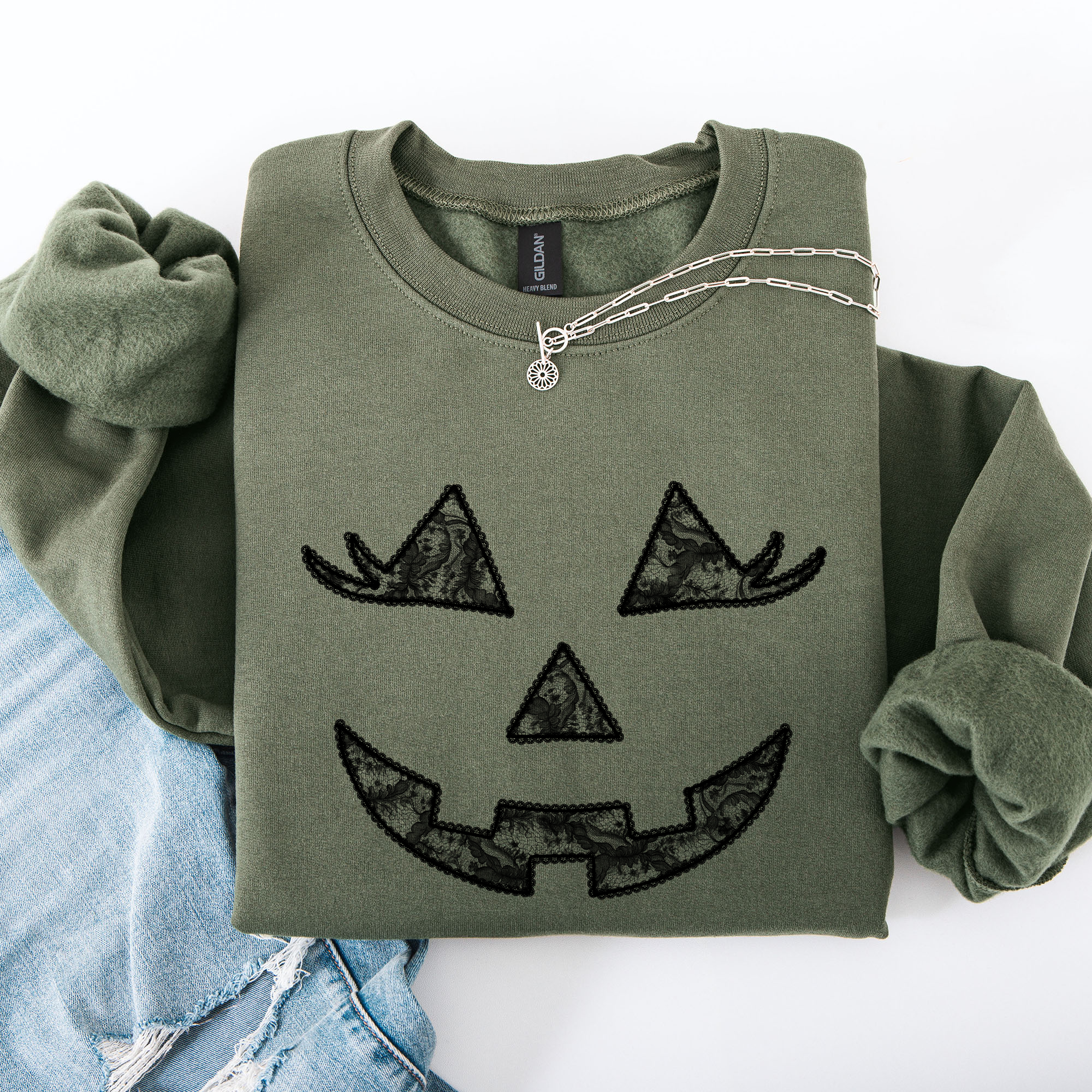 Jack O Lantern Coquette Faux Lace Halloween Vintage Inspired Cozy Embroidered Sweatshirt