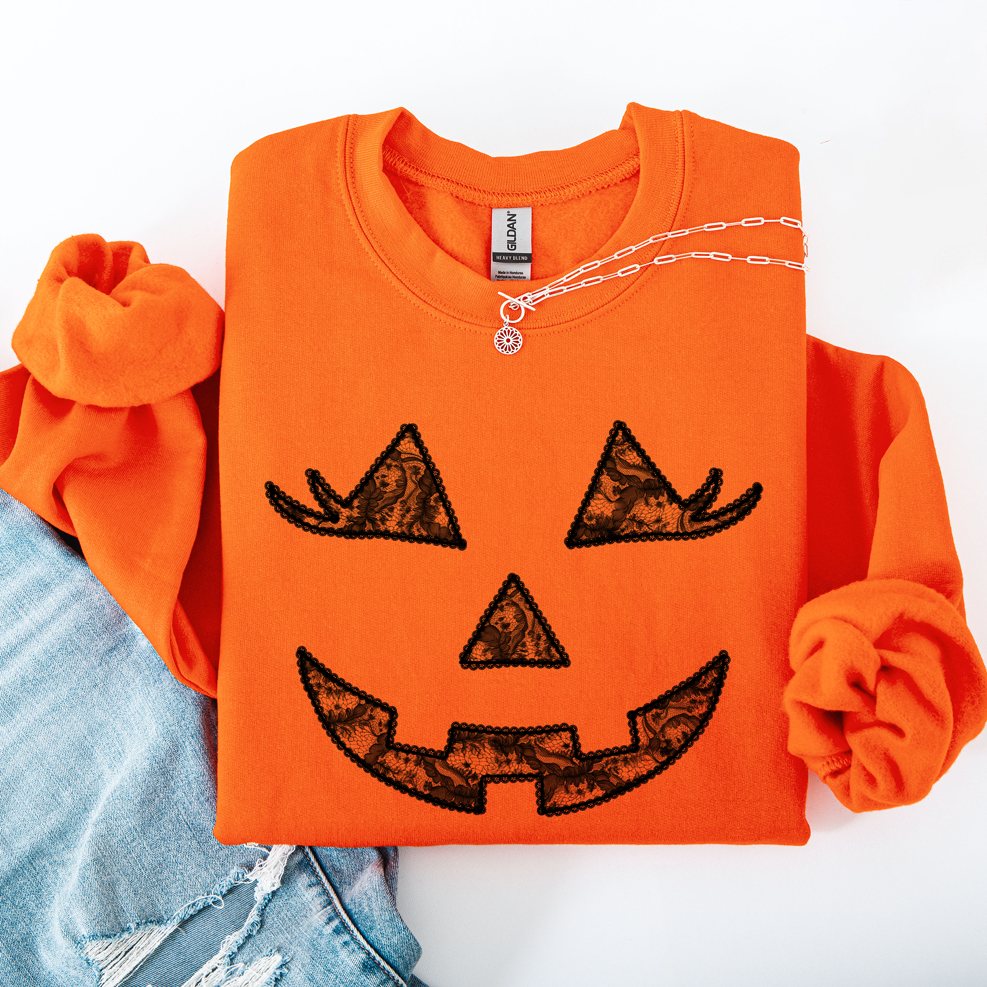Jack O Lantern Coquette Faux Lace Halloween Vintage Inspired Cozy Embroidered Sweatshirt