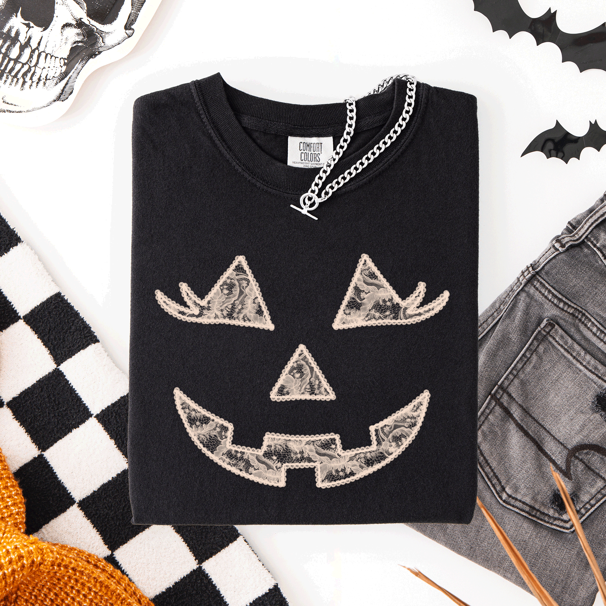 Jack-O-Lantern Coquette Faux Lace Halloween Motif Delicate Detail Print Comfort Colors Tee