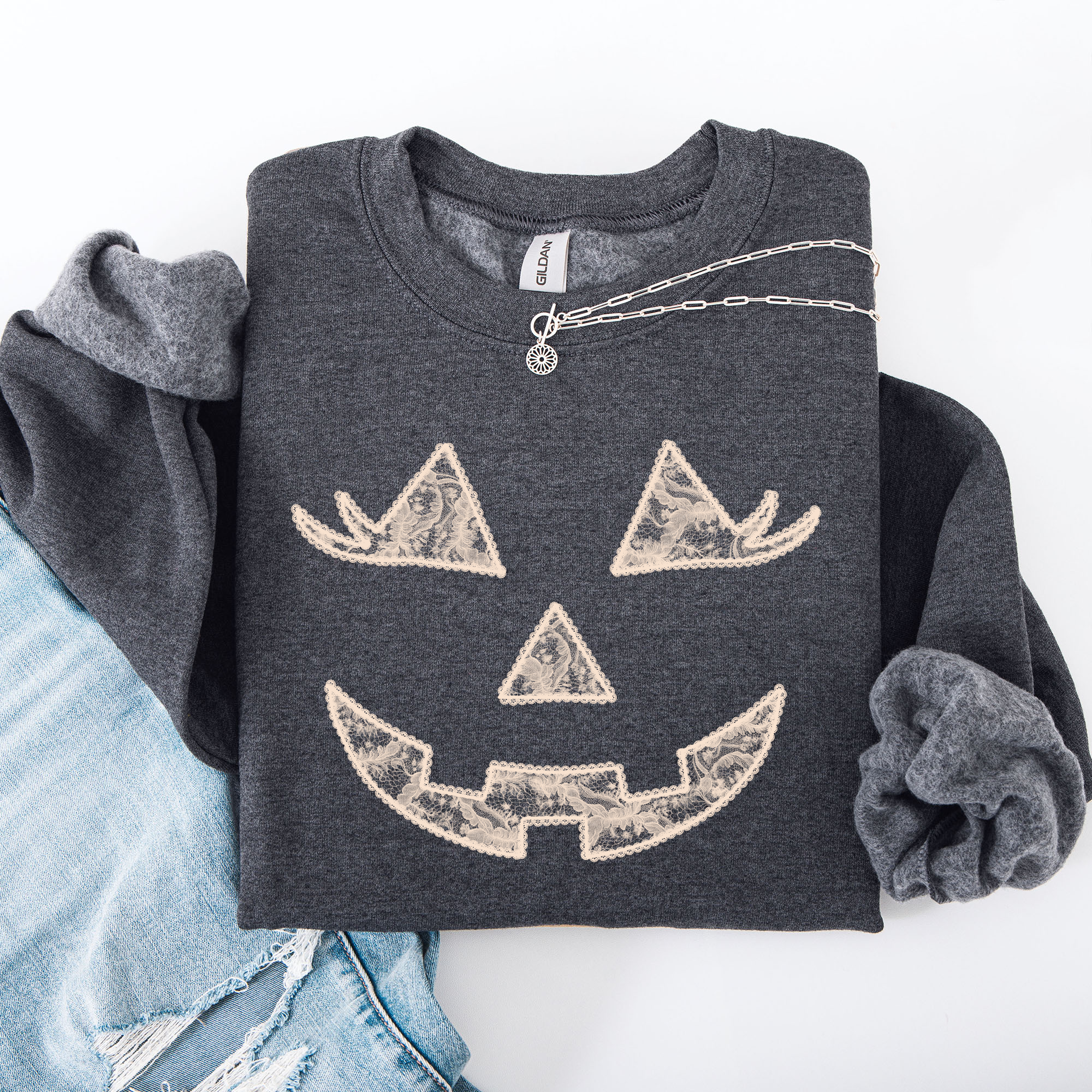 Jack O Lantern Coquette Faux Lace Halloween Vintage Inspired Cozy Embroidered Sweatshirt