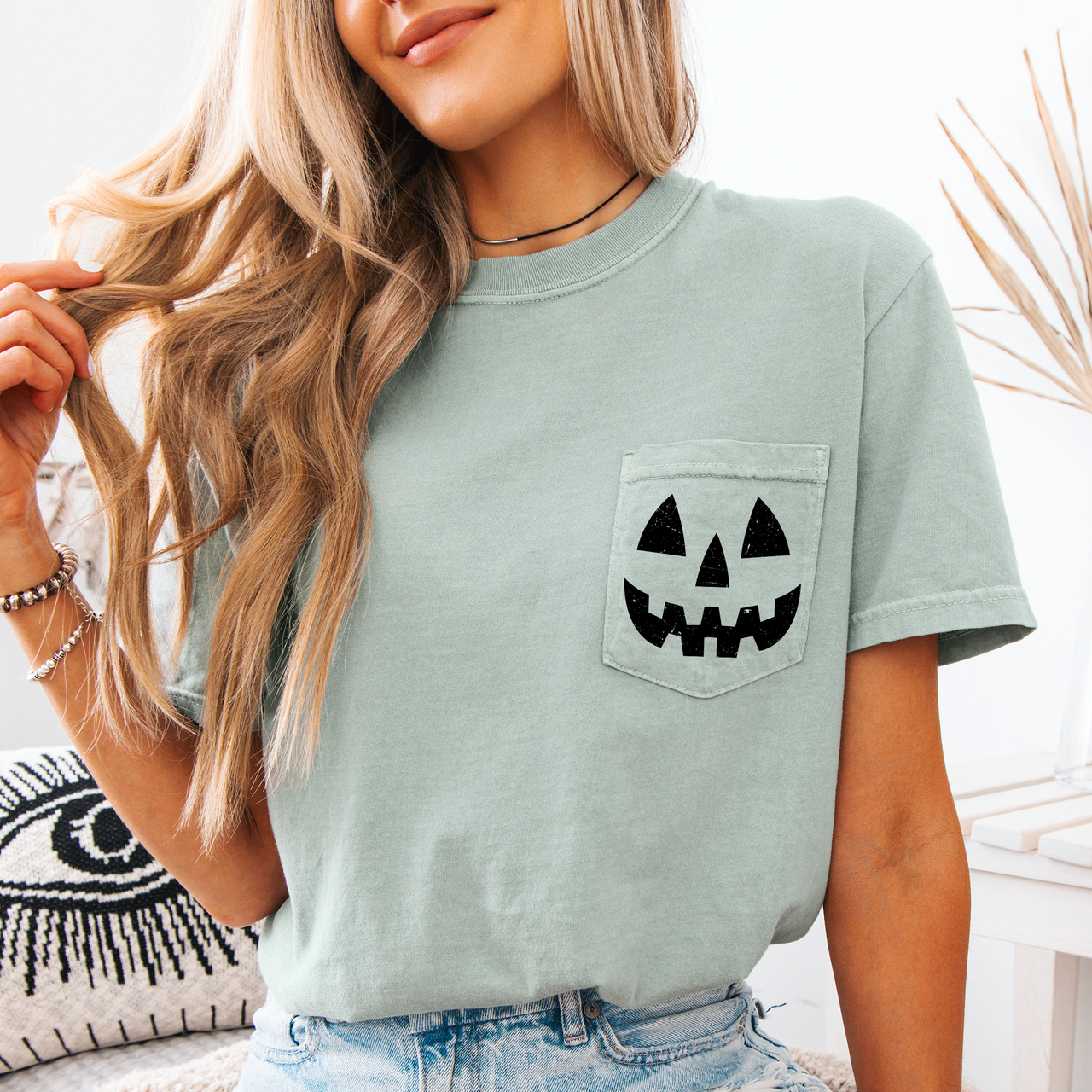 Jack o Lantern Coquette Faux Lace Halloween Spooky Pumpkin Pocket Premium Graphic Tee
