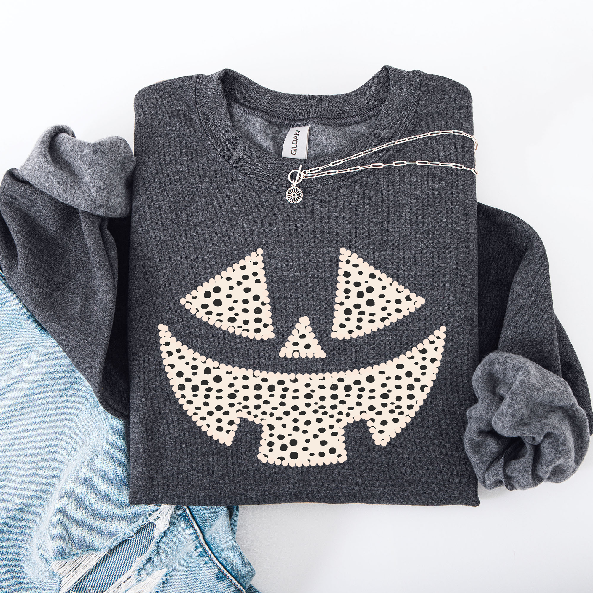 Jack O Lantern Dalmatian Print Halloween Cozy Whimsical Autumn Festival Sweatshirt