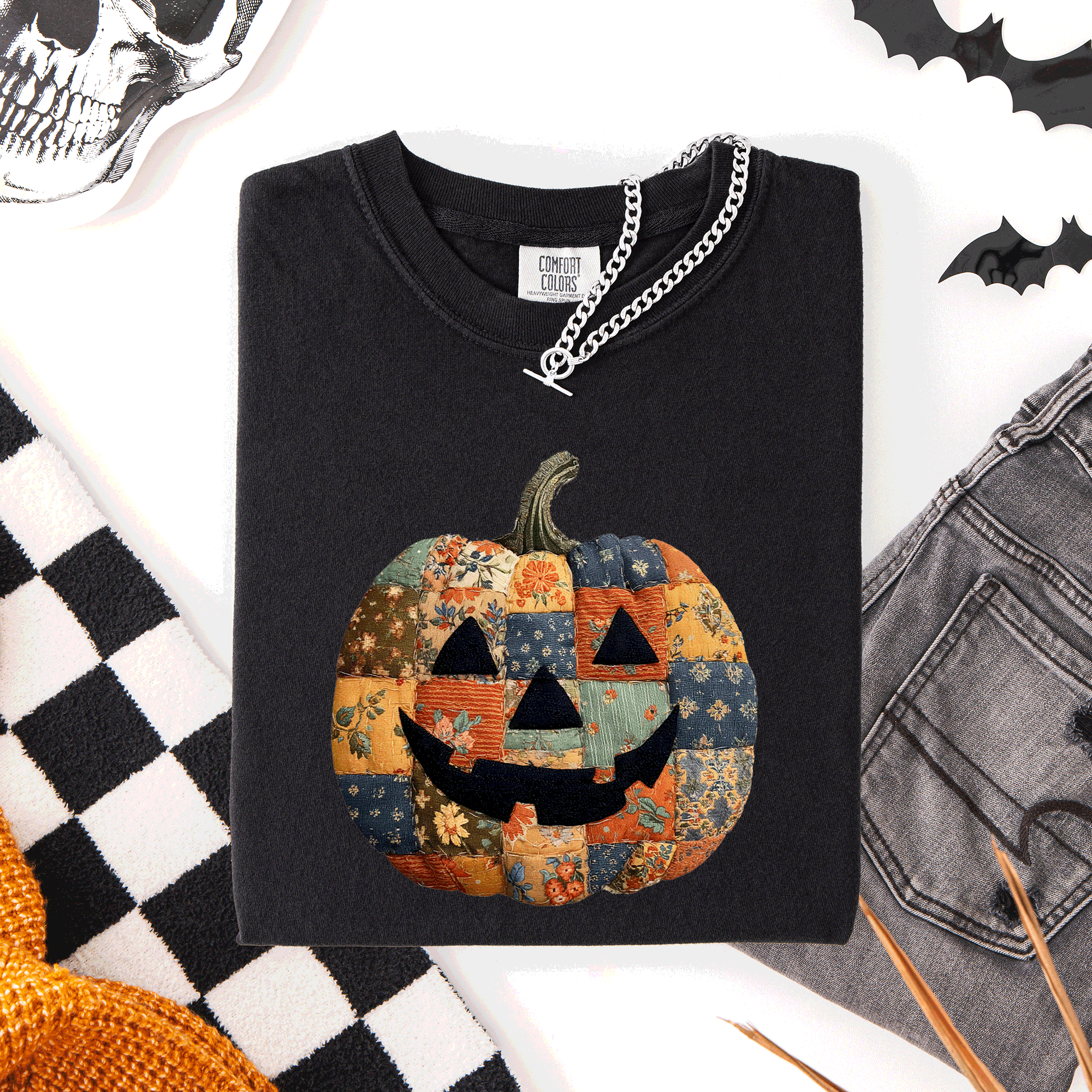 Jack O Lantern Faux Quilt Pumpkin Halloween Fall Autumn Spooky Cozy Comfort Colors Tee