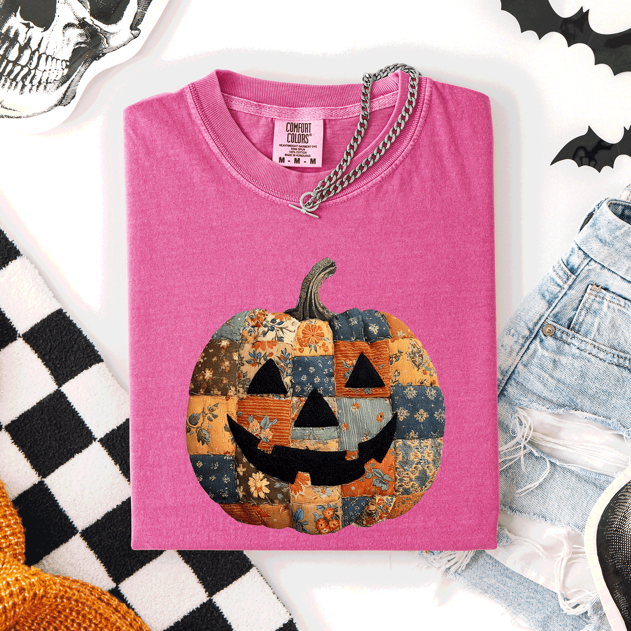 Jack O Lantern Faux Quilt Pumpkin Halloween Fall Autumn Spooky Cozy Comfort Colors Tee