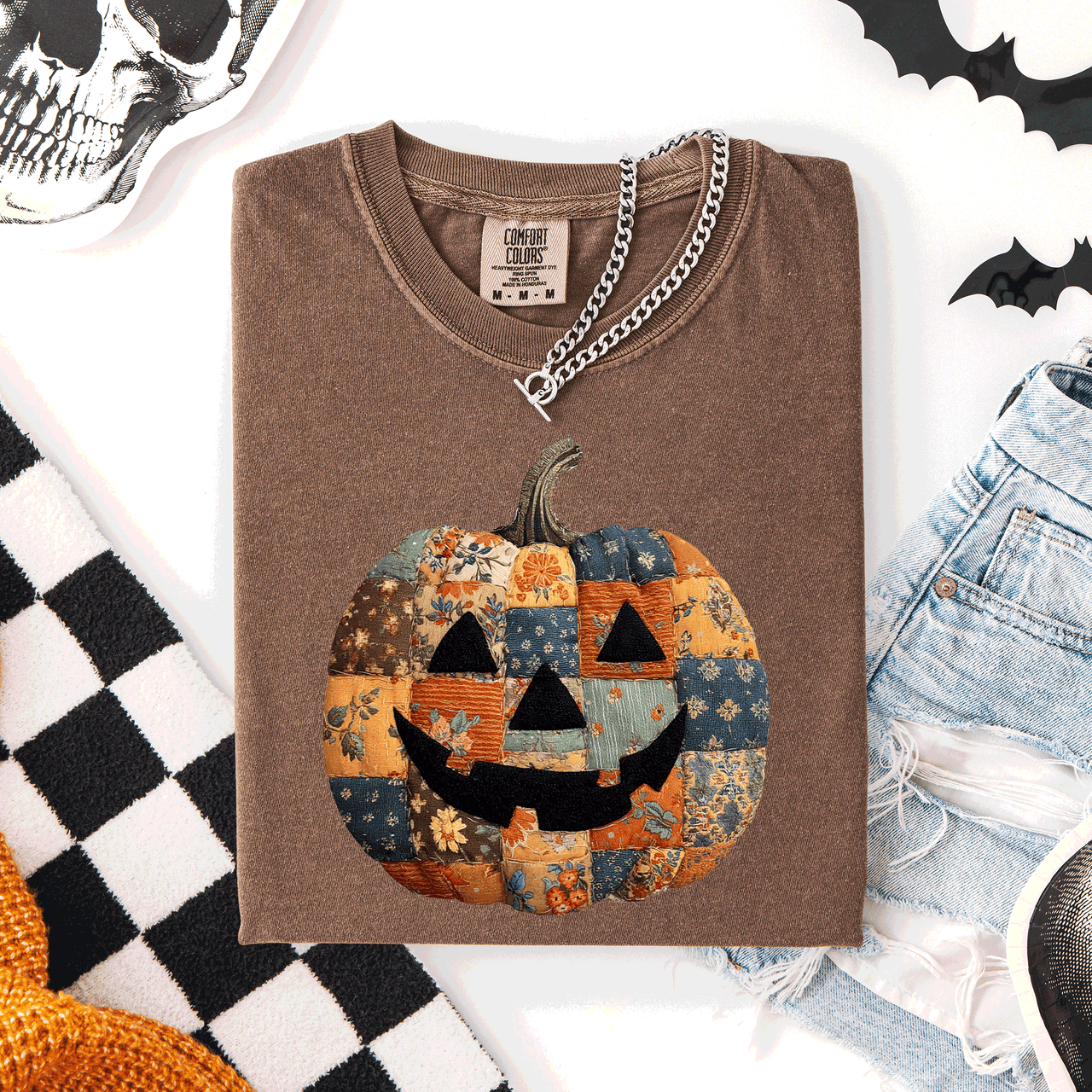 Jack O Lantern Faux Quilt Pumpkin Halloween Fall Autumn Spooky Cozy Comfort Colors Tee