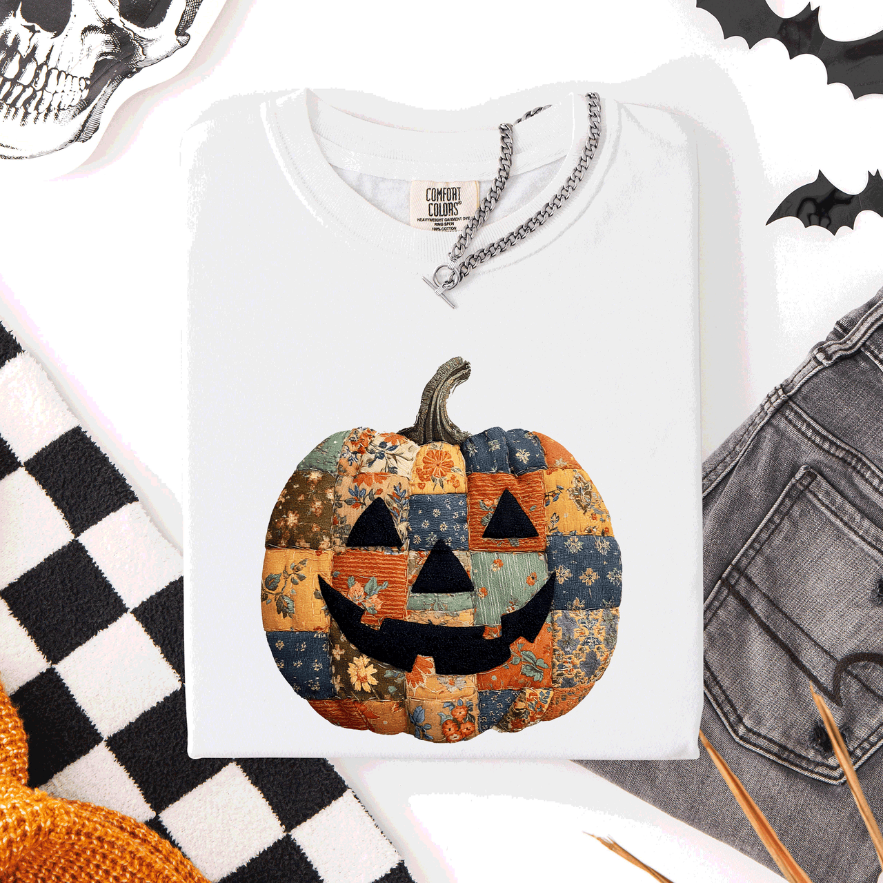 Jack O Lantern Faux Quilt Pumpkin Halloween Fall Autumn Spooky Cozy Comfort Colors Tee