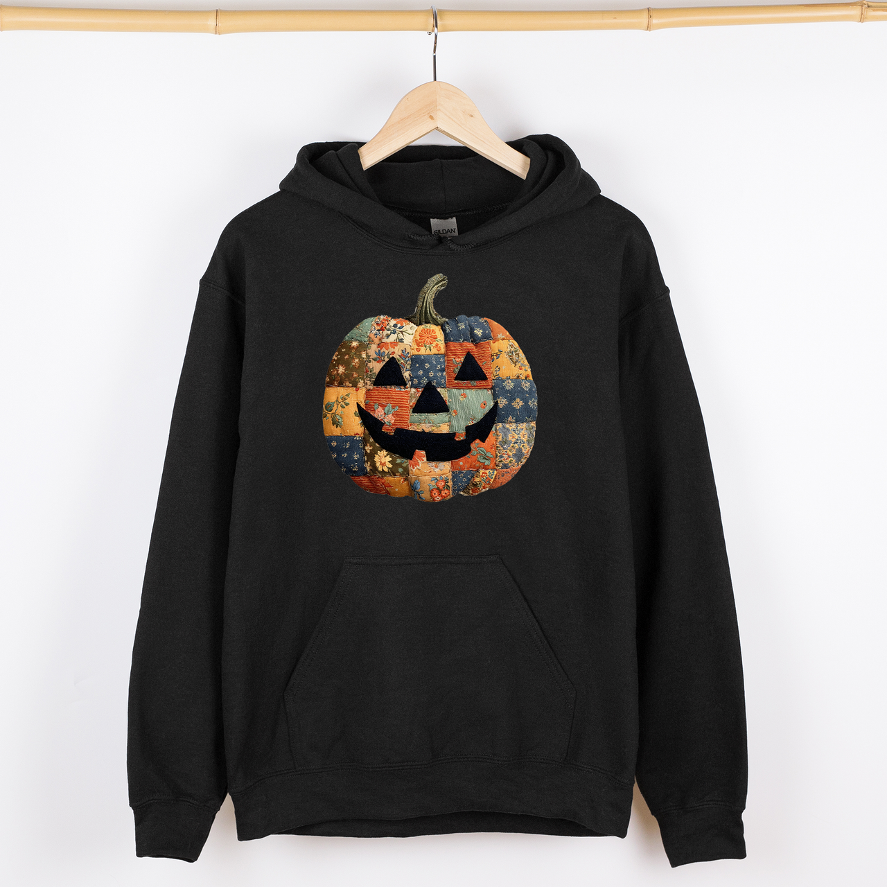 Jack-O-Lantern Faux Quilt Pumpkin Halloween Harvest Night Vintage Cozy Fall Inspired Graphic Hoodie