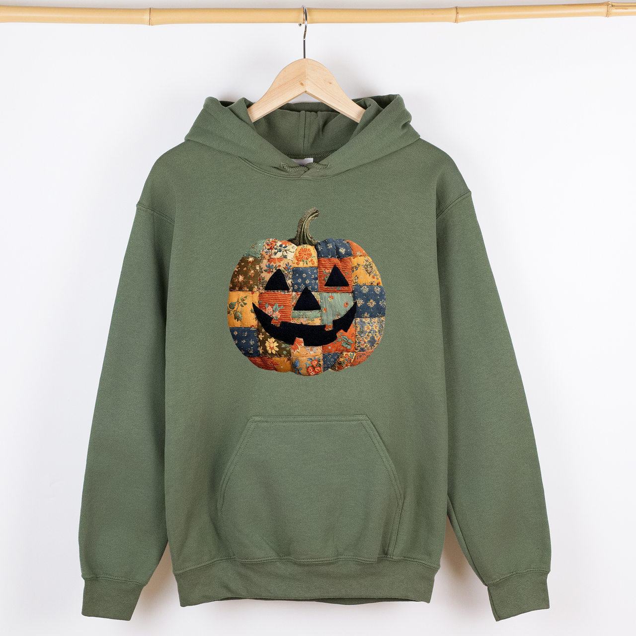 Jack-O-Lantern Faux Quilt Pumpkin Halloween Harvest Night Vintage Cozy Fall Inspired Graphic Hoodie
