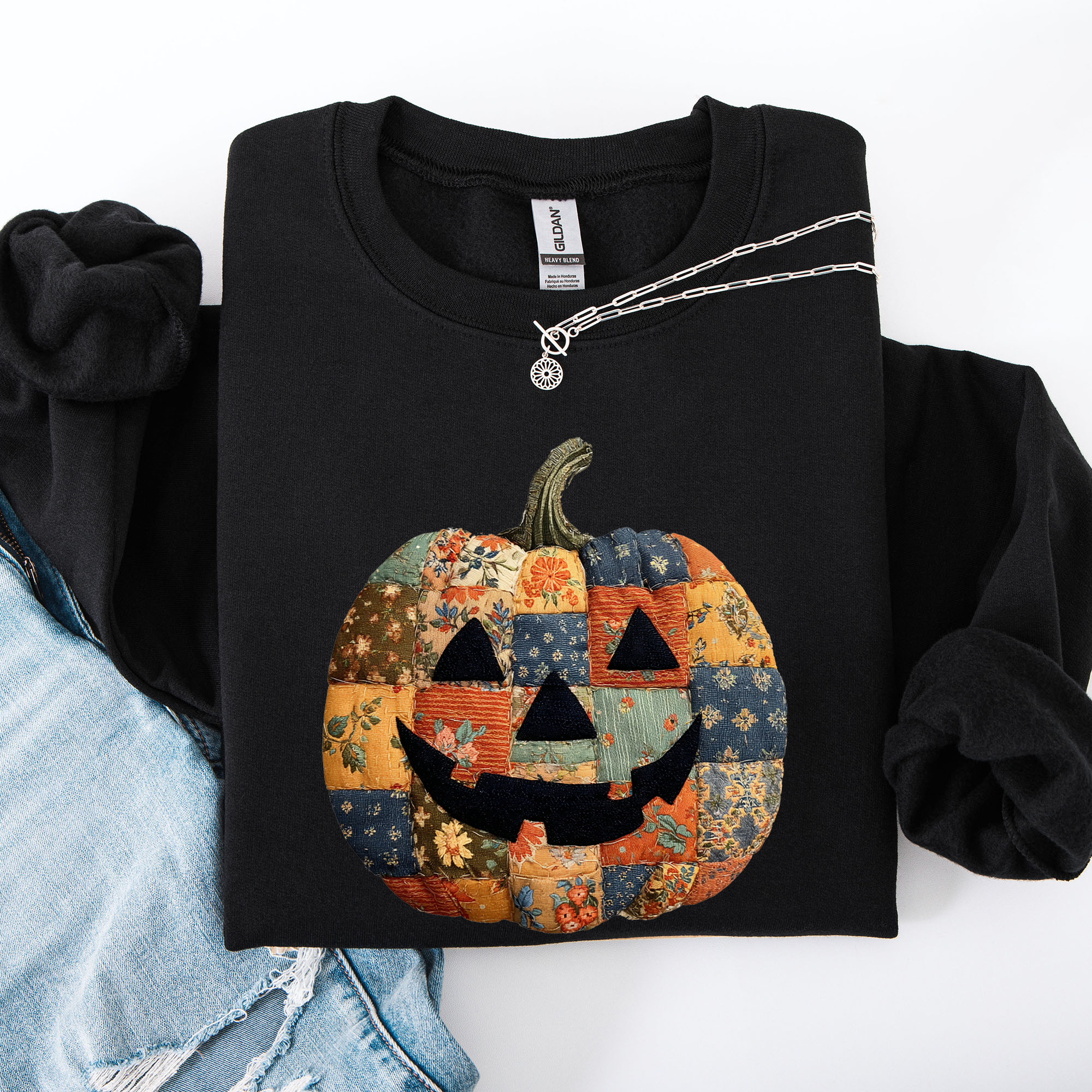Jack O Lantern Faux Quilt Pumpkin Halloween Fall Autumn Cozy Patchwork Style Sweatshirt
