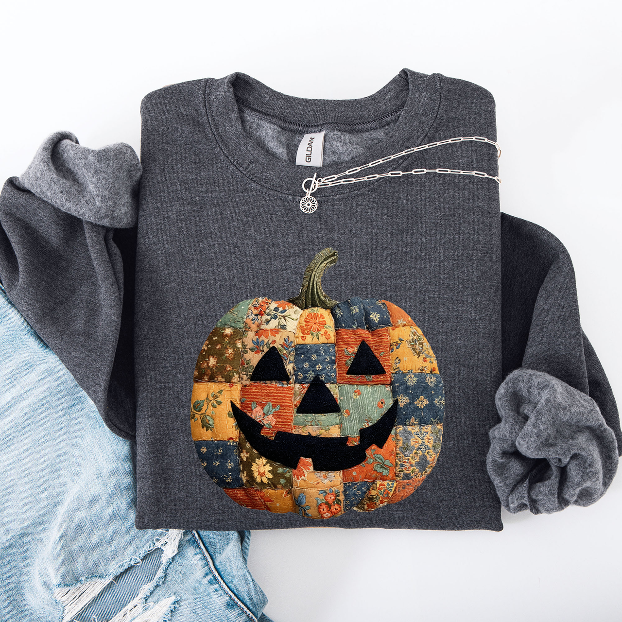 Jack O Lantern Faux Quilt Pumpkin Halloween Fall Autumn Cozy Patchwork Style Sweatshirt