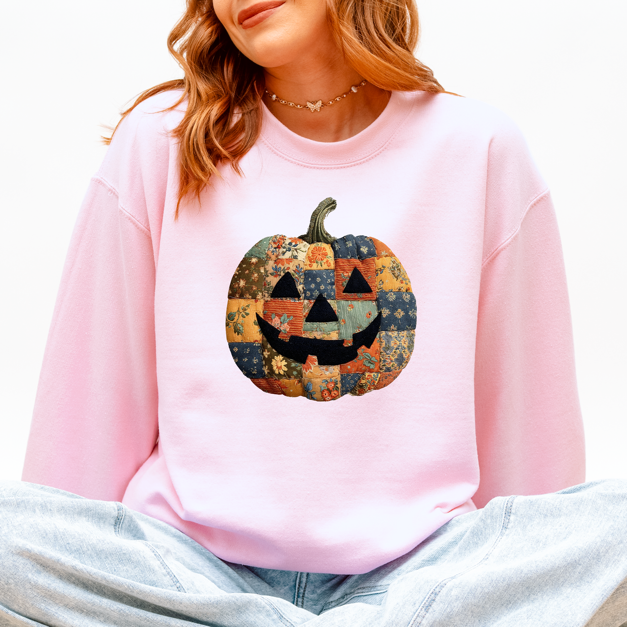 Jack O Lantern Faux Quilt Pumpkin Halloween Fall Autumn Cozy Patchwork Style Sweatshirt